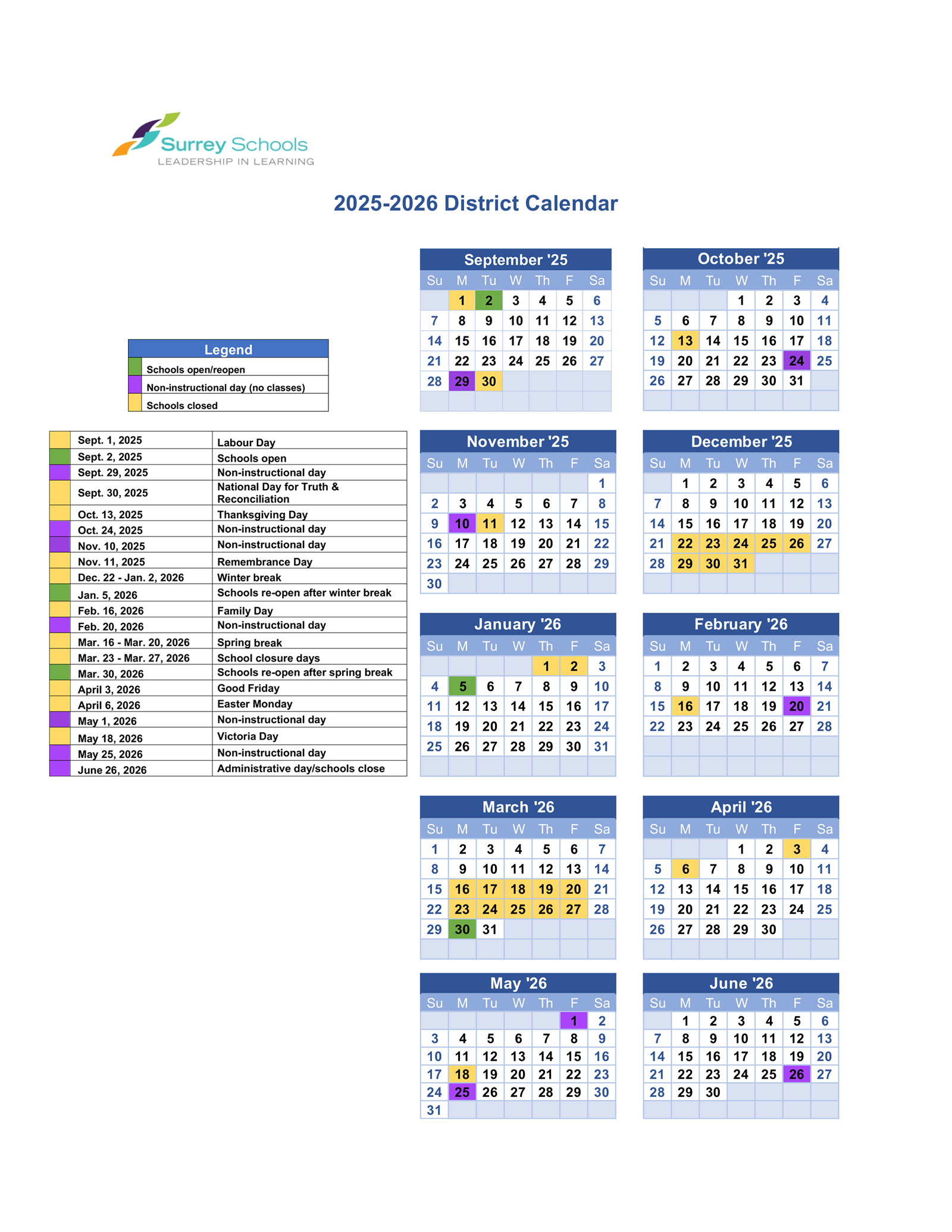 District Calendars For Next Two School Years Approved By Surrey Board Of Education