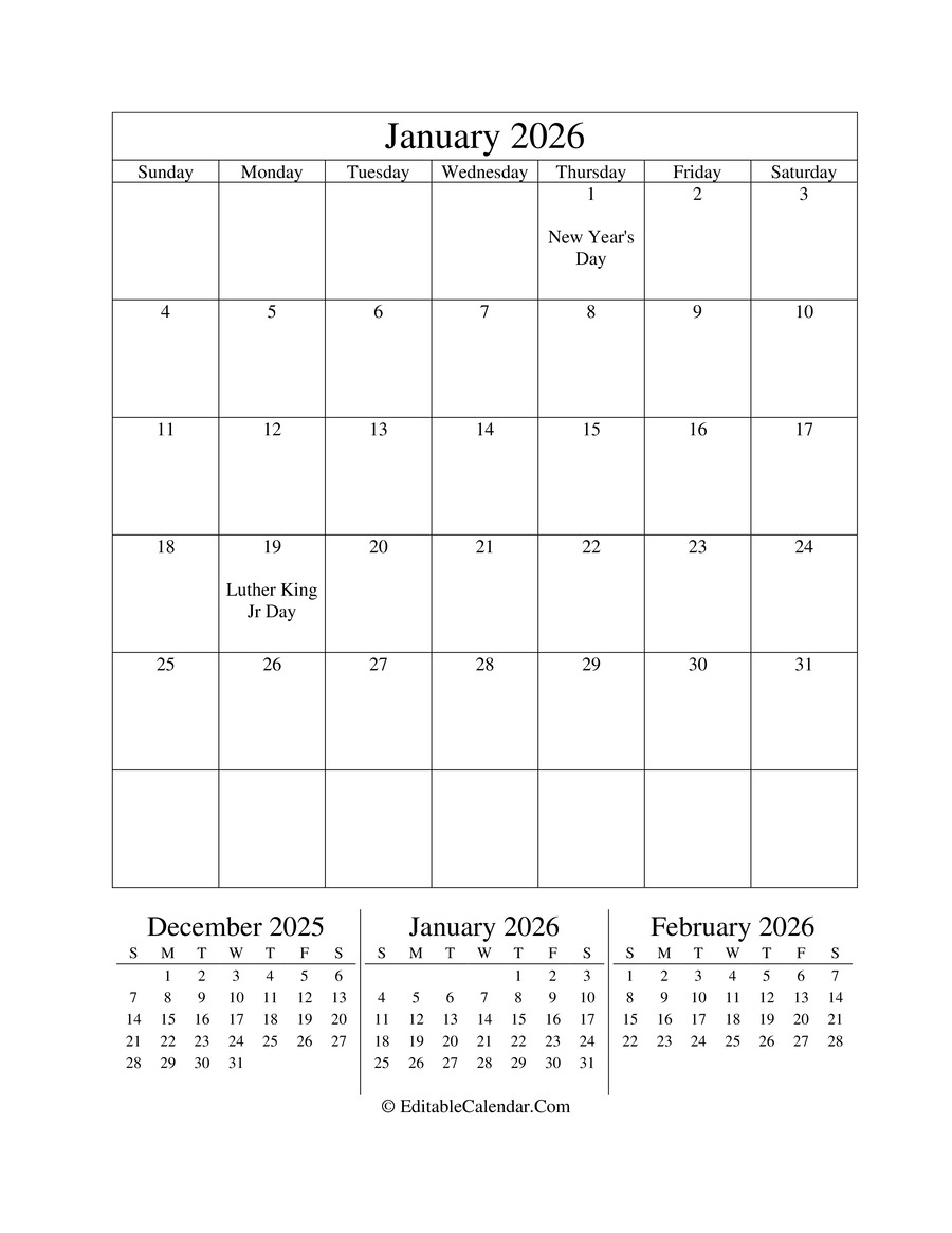 Download January 2026 Editable Calendar Portrait Word Version 