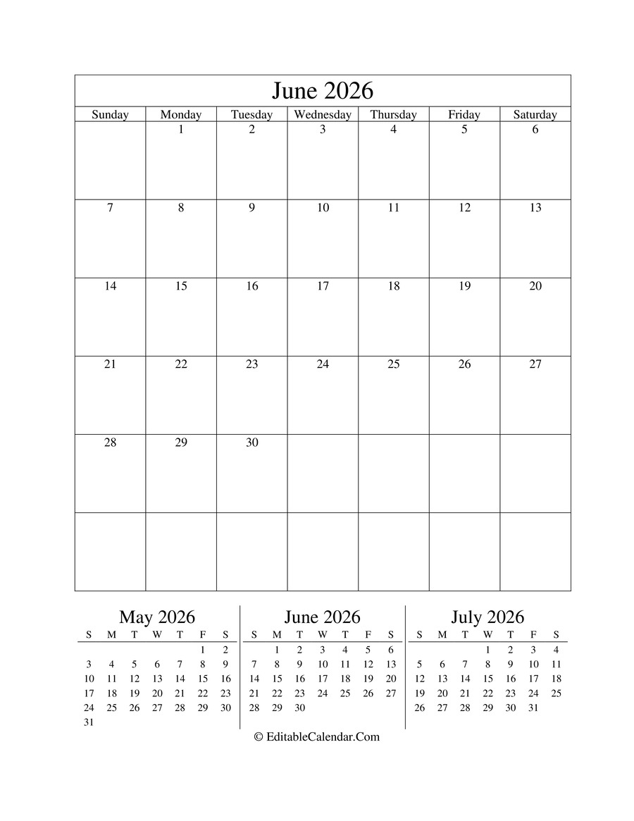 Download June 2026 Editable Calendar Portrait Word Version 