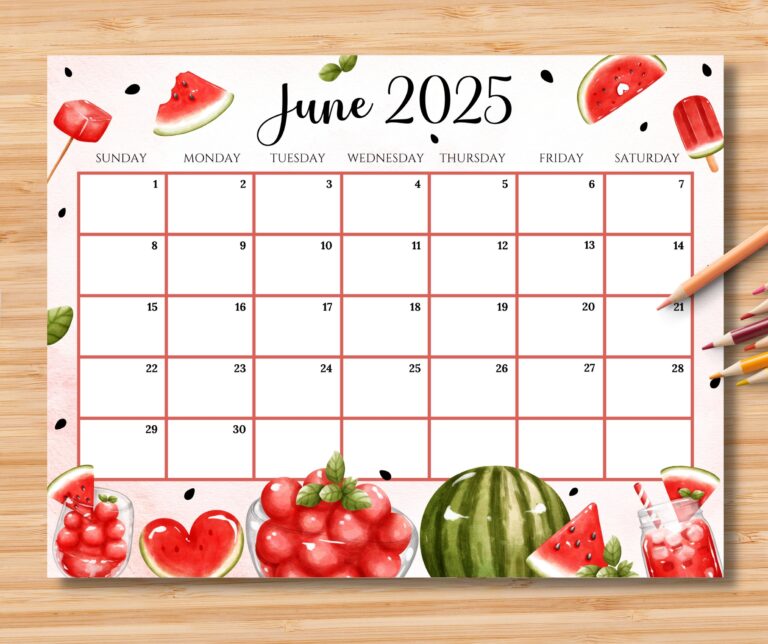 EDITABLE June 2025 Calendar Happy Summer W Sweet U0026 Colorful Watermelon Printable Fillable Classroom Calendar Planner Kids School Schedule