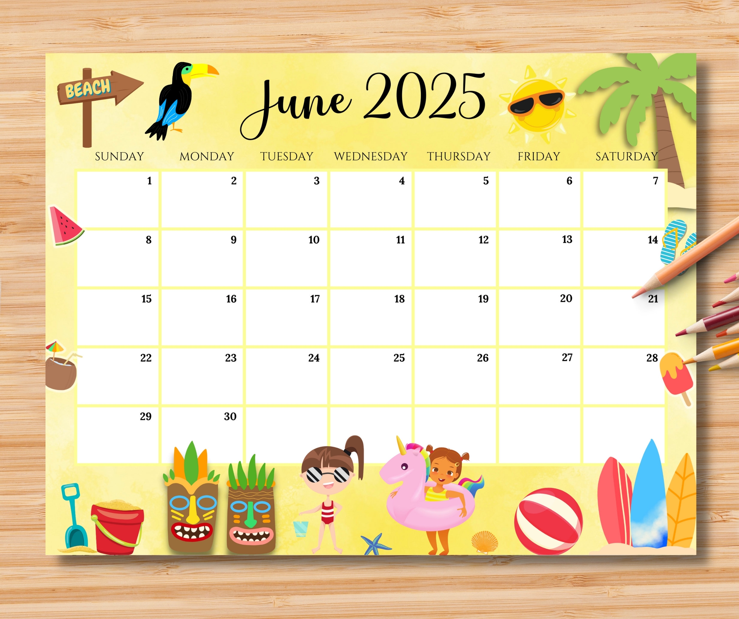 EDITABLE June 2025 Calendar Joyful U0026 Colorful Summer At The Beach 