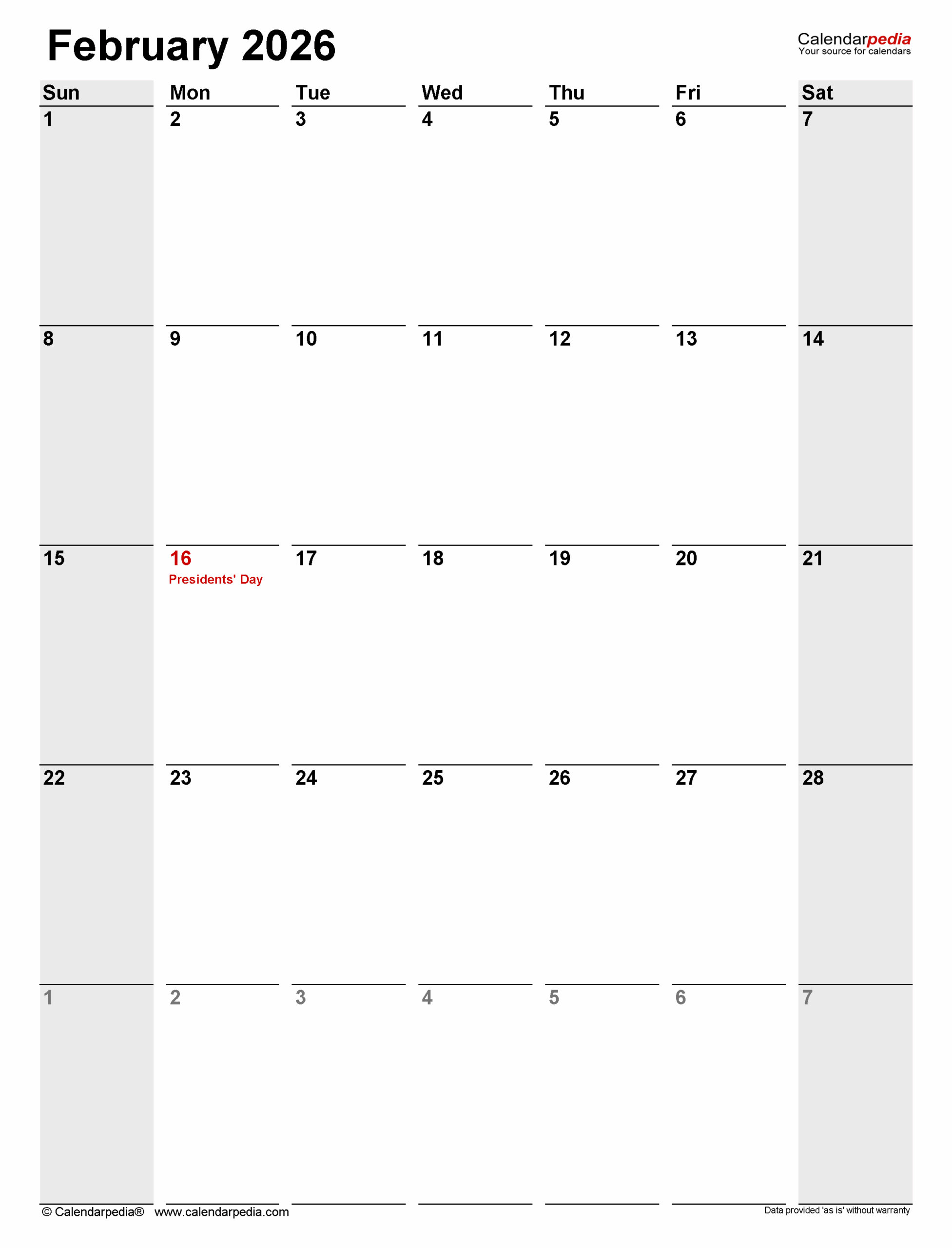 February 2026 Calendar Templates For PDF Excel And Word