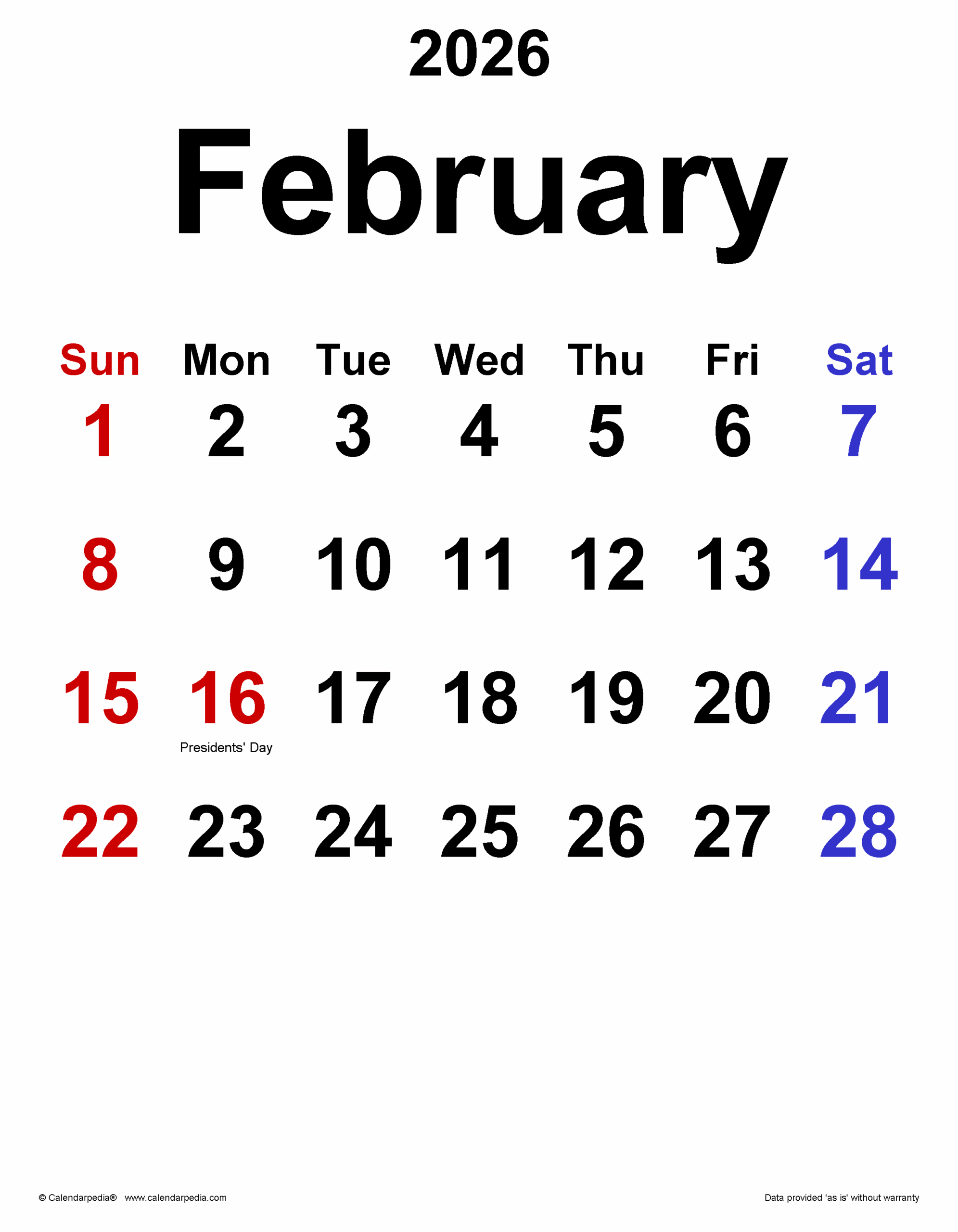 February 2026 Calendar Dates