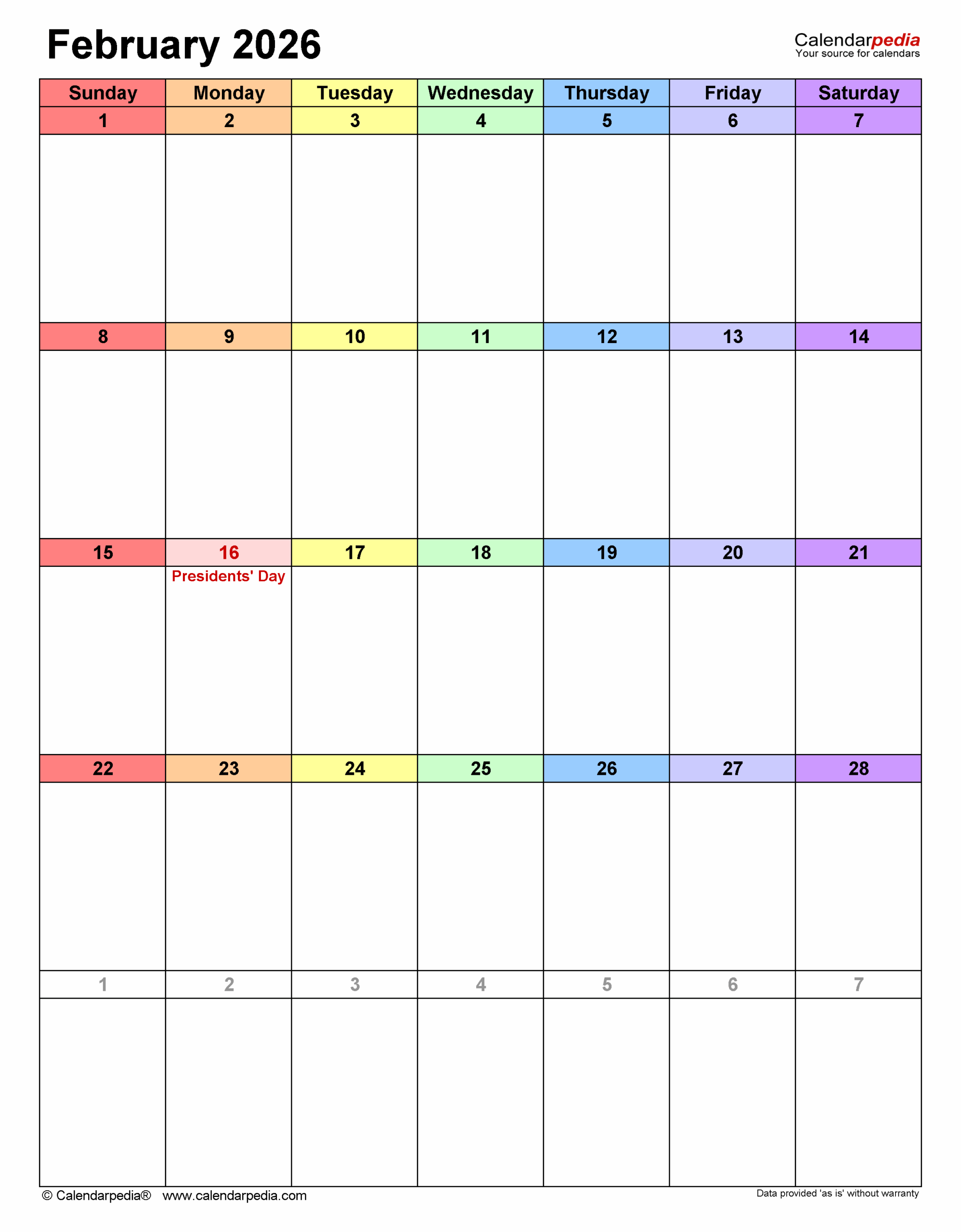 February 2026 Calendar Vertical Printable