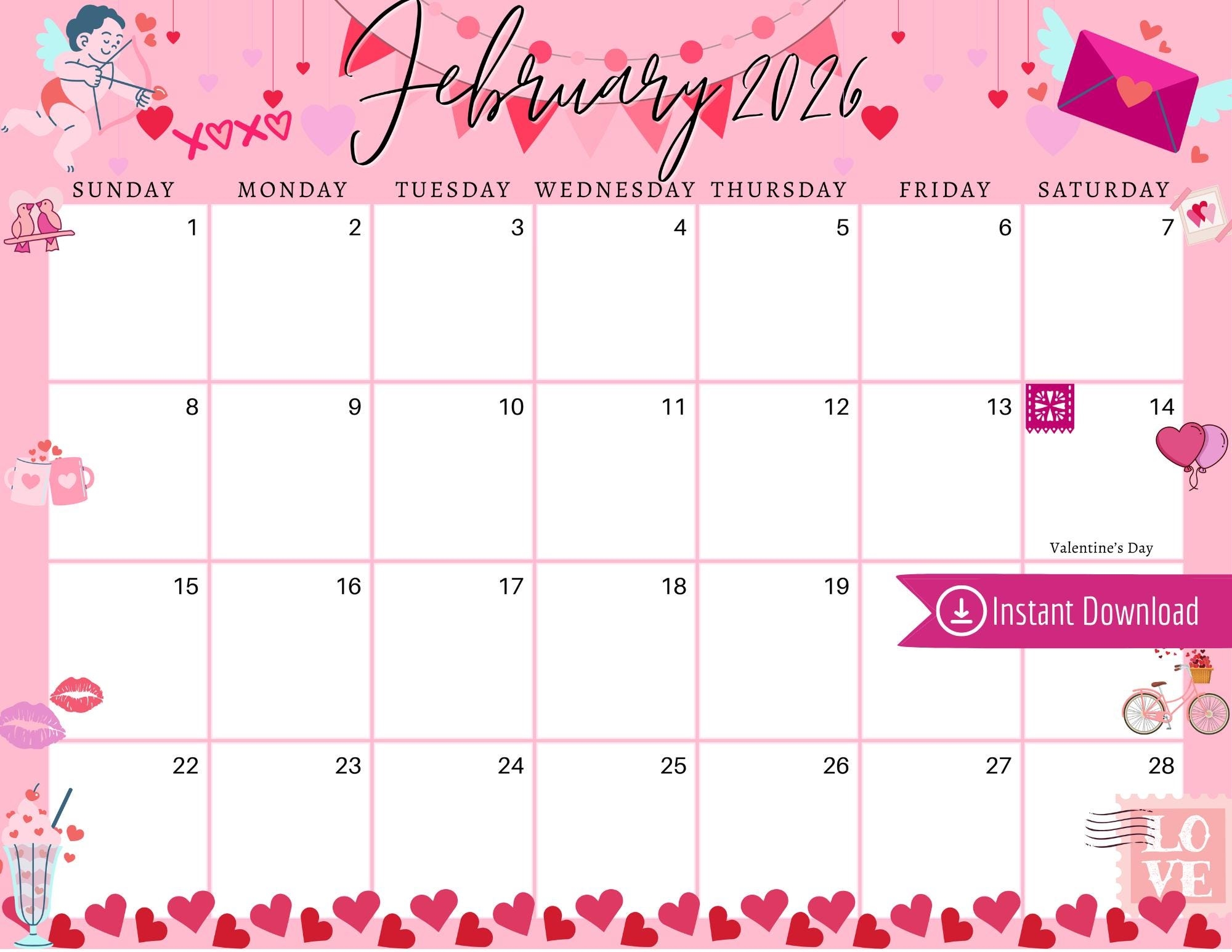 February 2026 Digital Calendar Pink Valentine s Day Planner Editable Fillable Printable Calendar For Planning PDF PNG And JPG Download Etsy Ireland