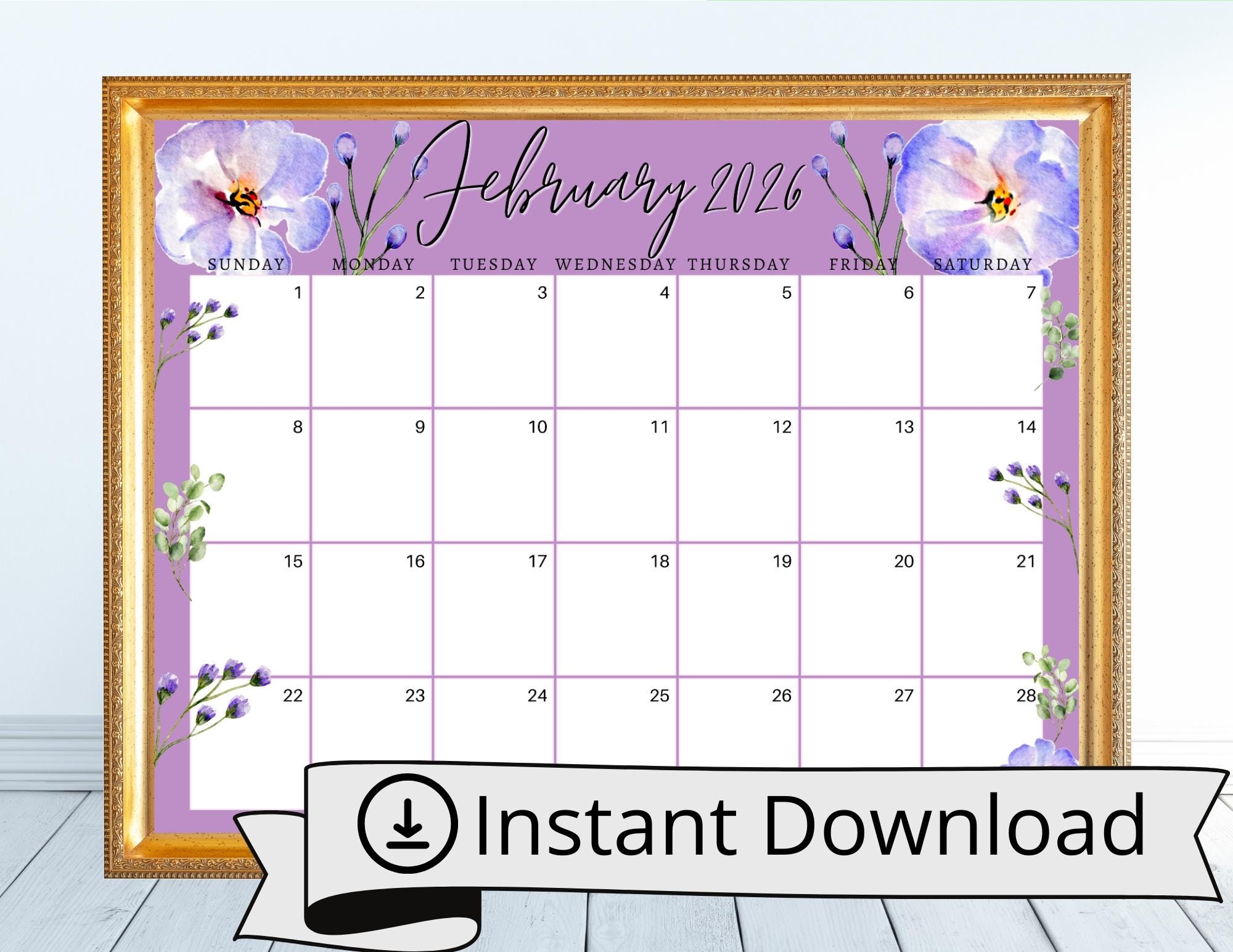 February 2026 Digital Calendar Violets Flowers Planner Editable 