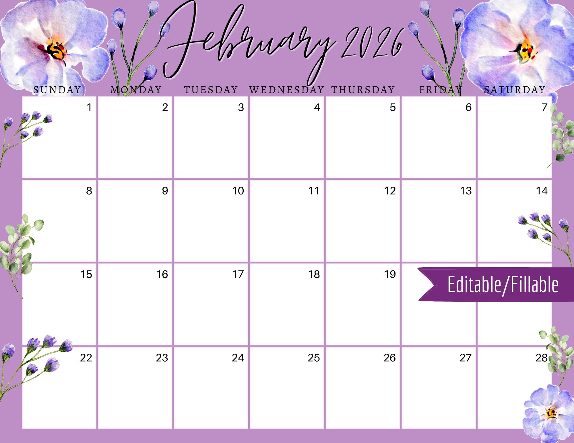 February 2026 Digital Calendar Violets Flowers Planner Editable 