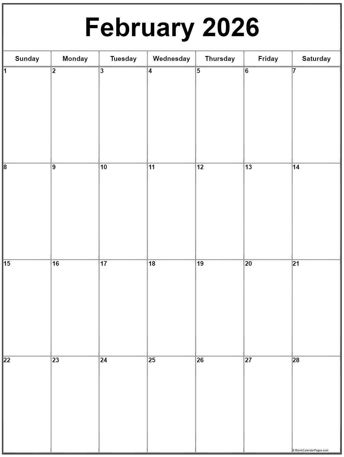 February 2026 Vertical Calendar Portrait