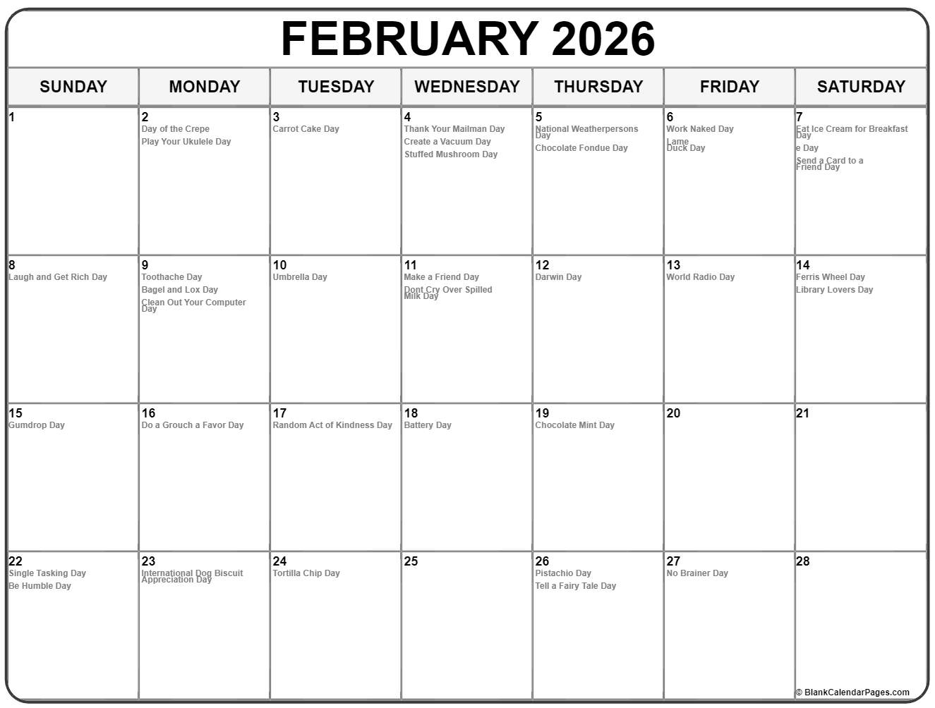 February 2026 With Holidays Calendar