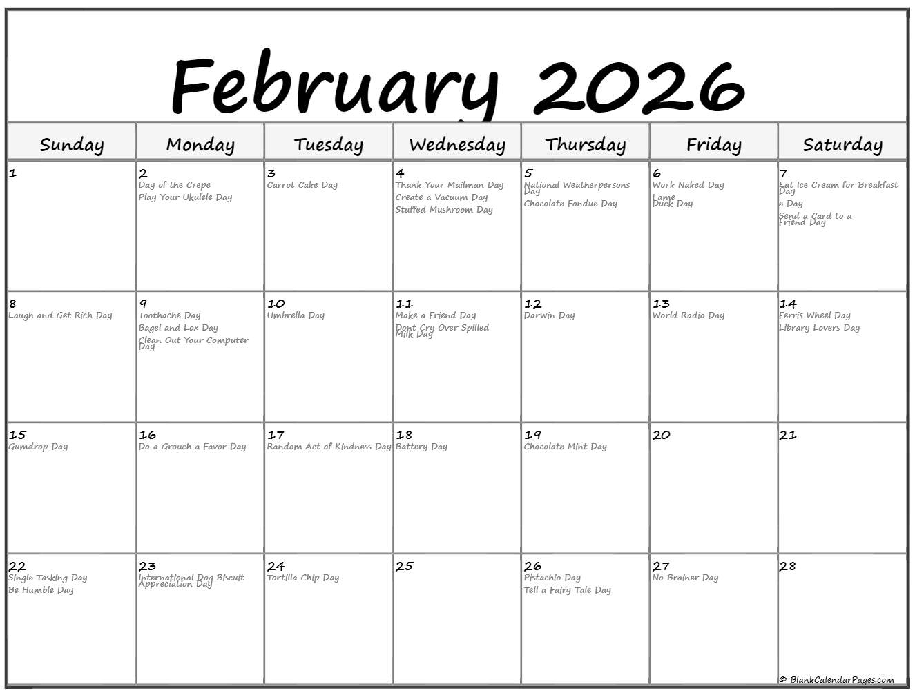 February 2026 With Holidays Calendar