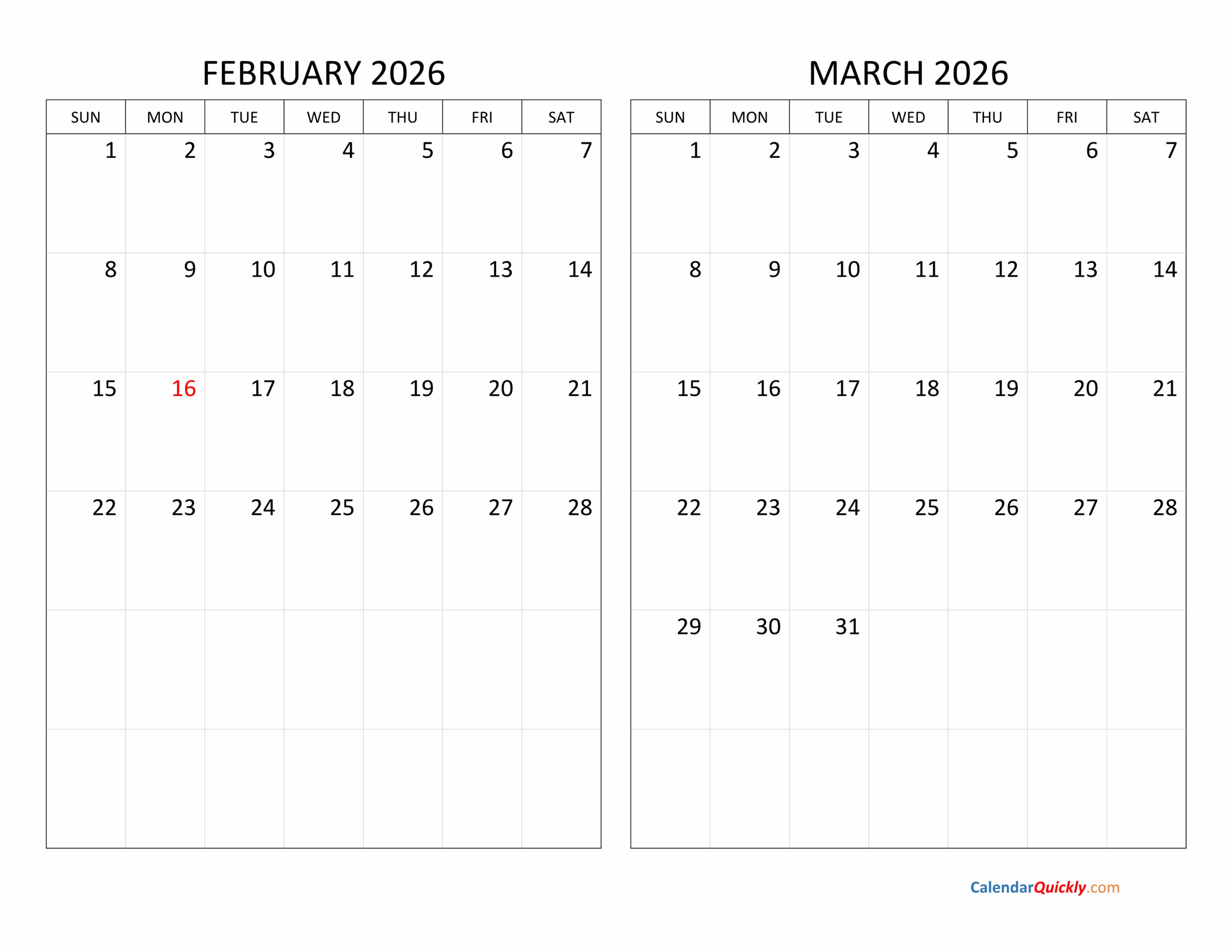 Calender For February 2026