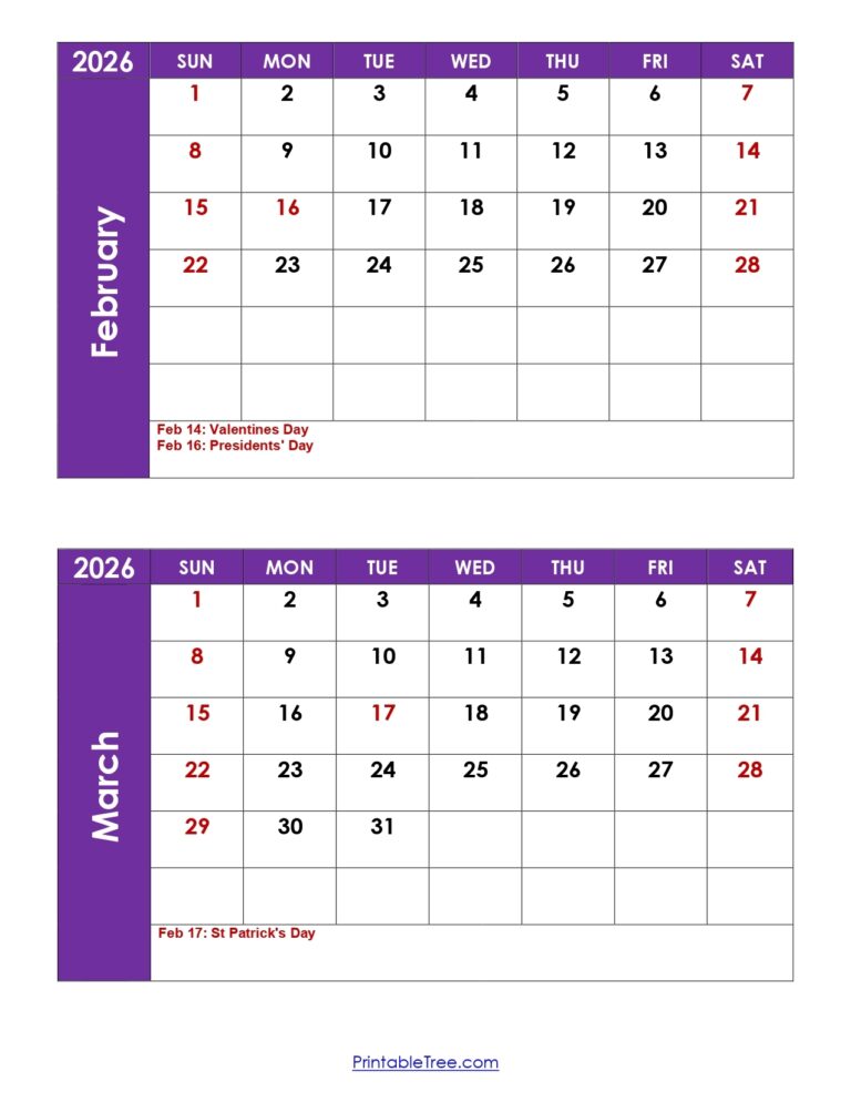 February And March 2026 Calendar Printable PDF 2 Month Calendar Template