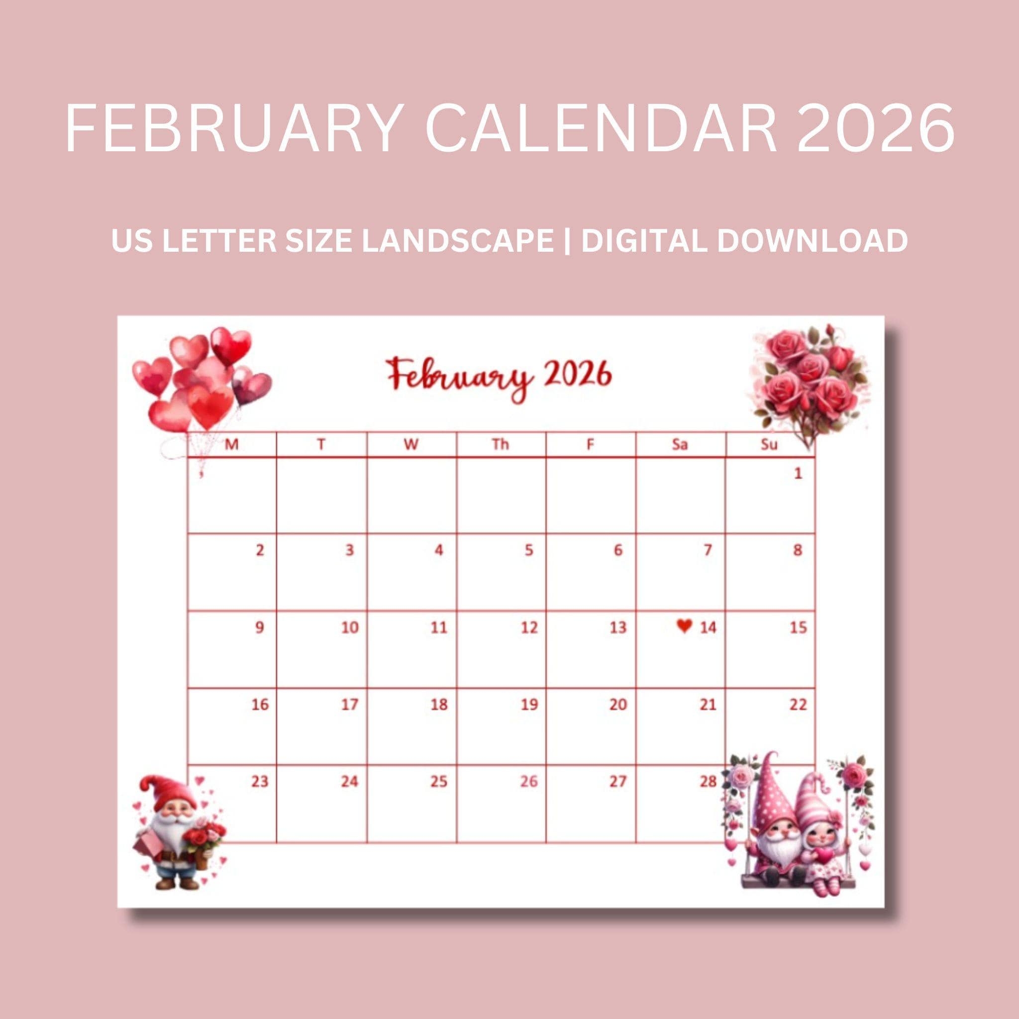 February Valentines 2026 Calendar
