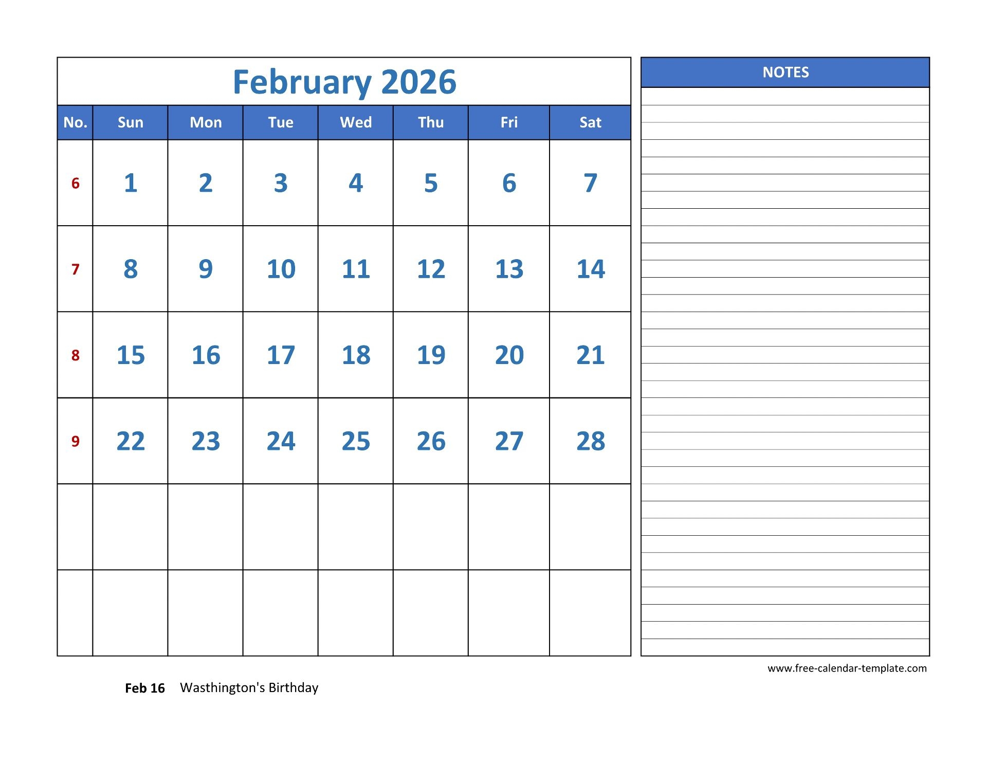 February Calendar 2026 Grid Lines For Holidays And Notes 