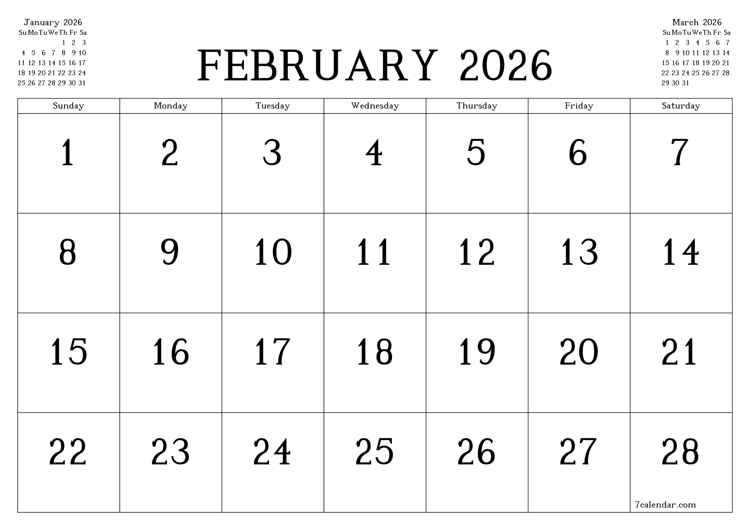 February Calendar 2026 Printable Template 7calendar