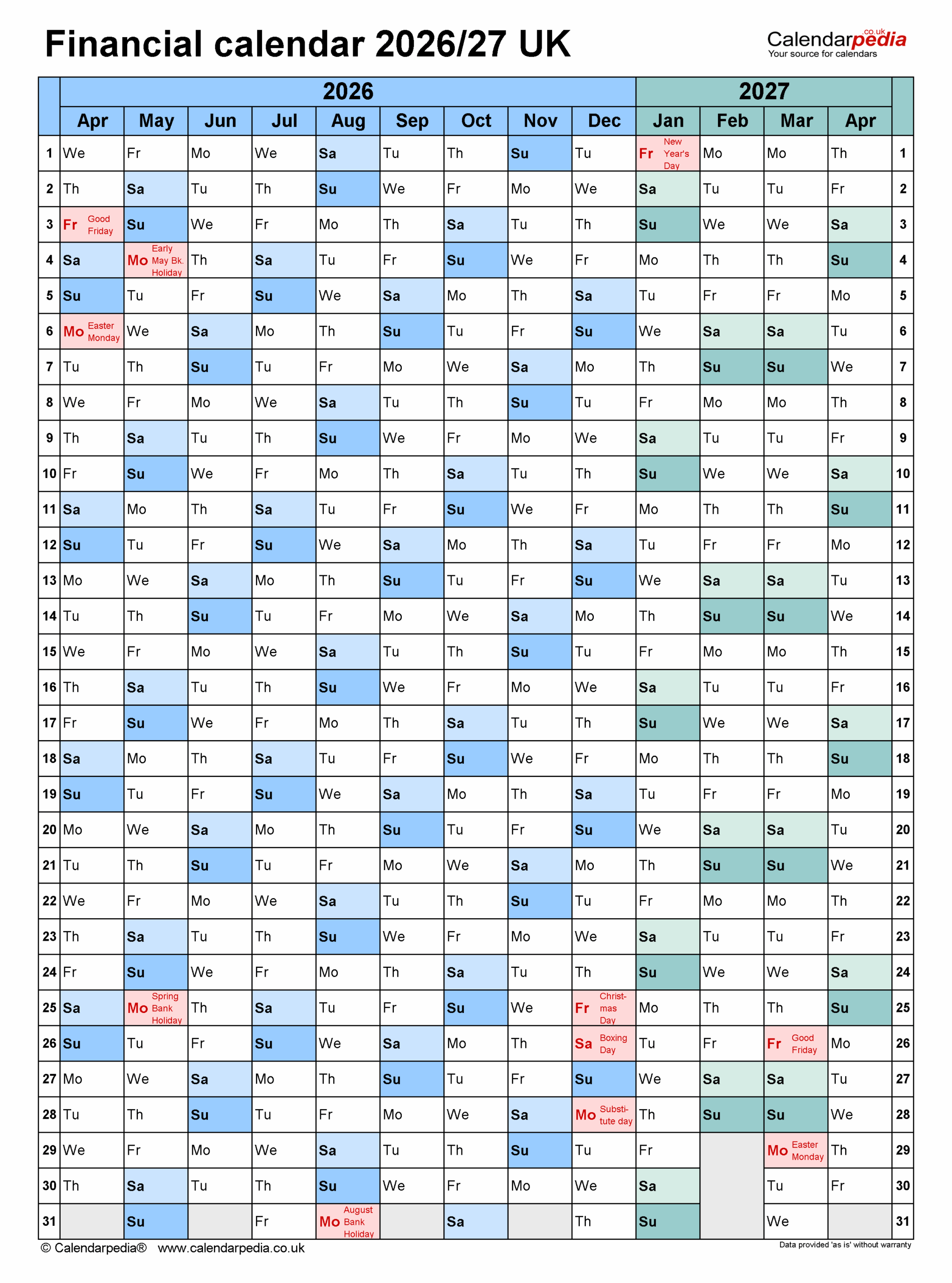 Financial Calendars 2026 27 UK In PDF Format