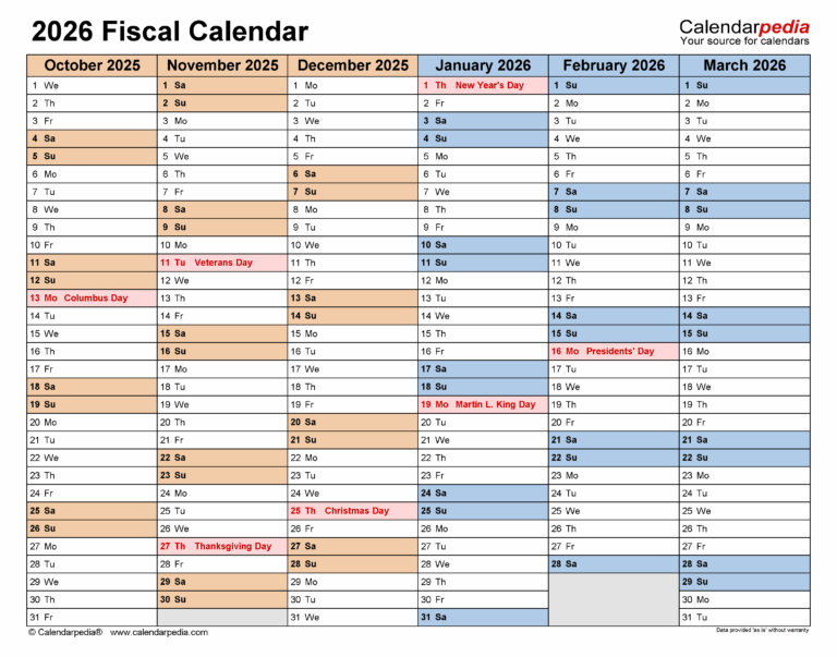 Fiscal Calendars 2026 Free Printable PDF Templates