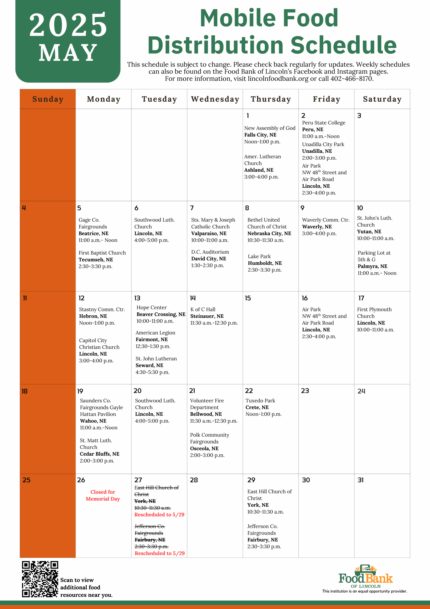Food Distribution Schedule Food Bank Of Lincoln