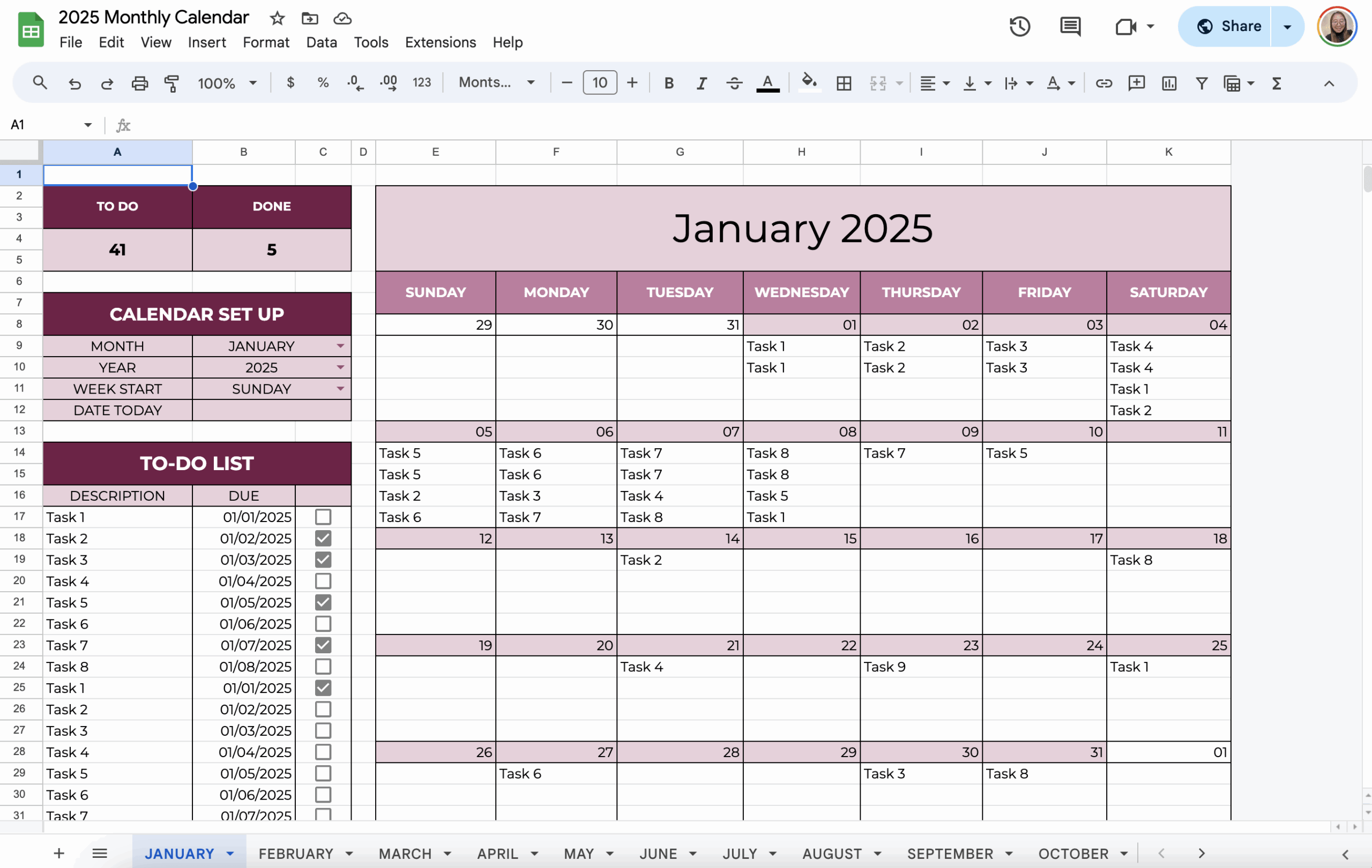 January 2026 Google Sheets Calendar