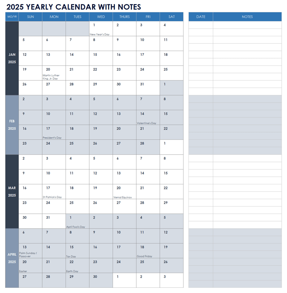 April Excel Calendar 2026