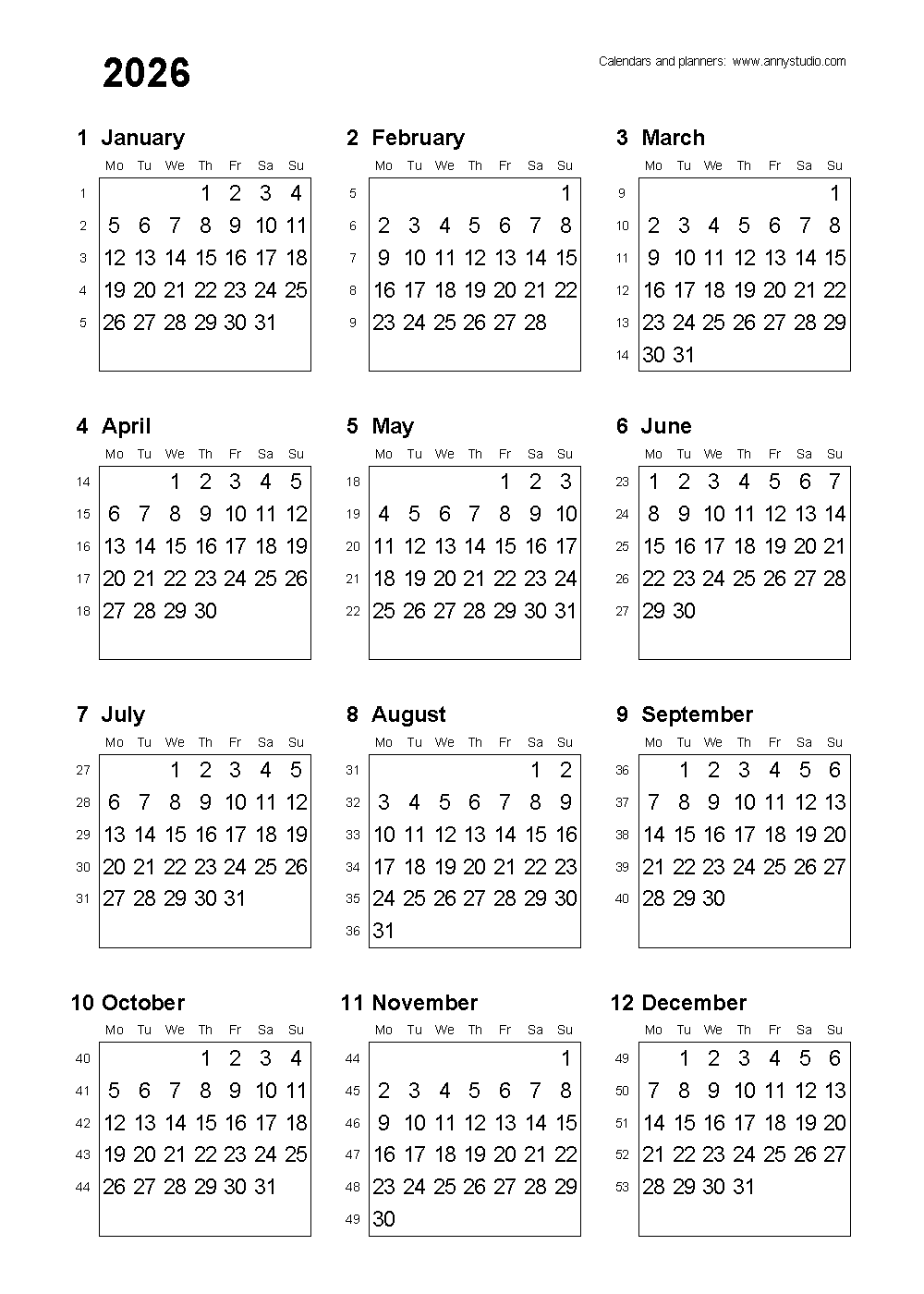 2026 January Calendar Excel
