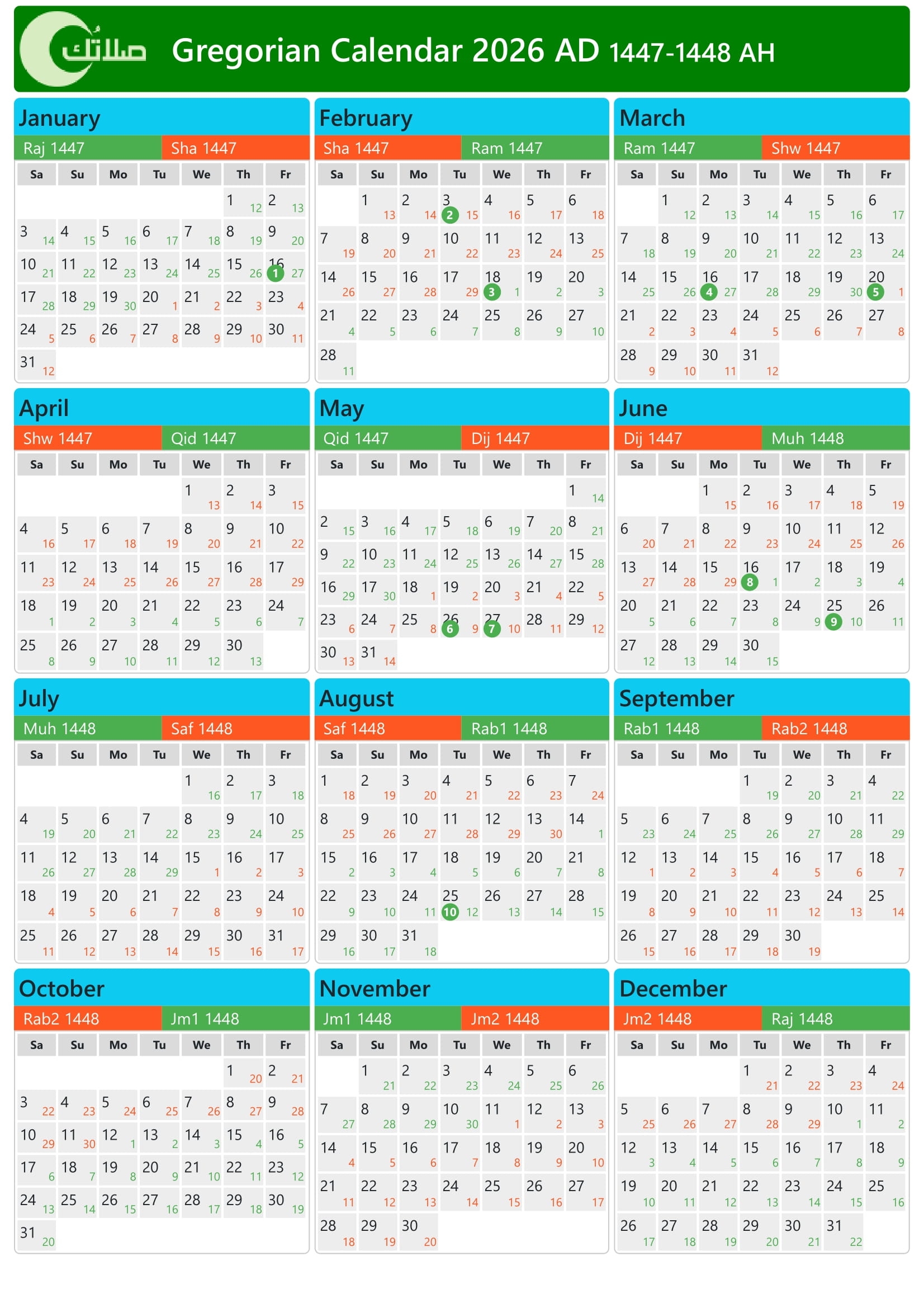 Gregorian Hijri Calendar 2026 1447 1448 In Faroe Islands