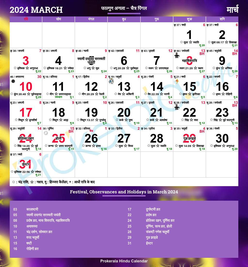 Hindu Calendar 2024 March