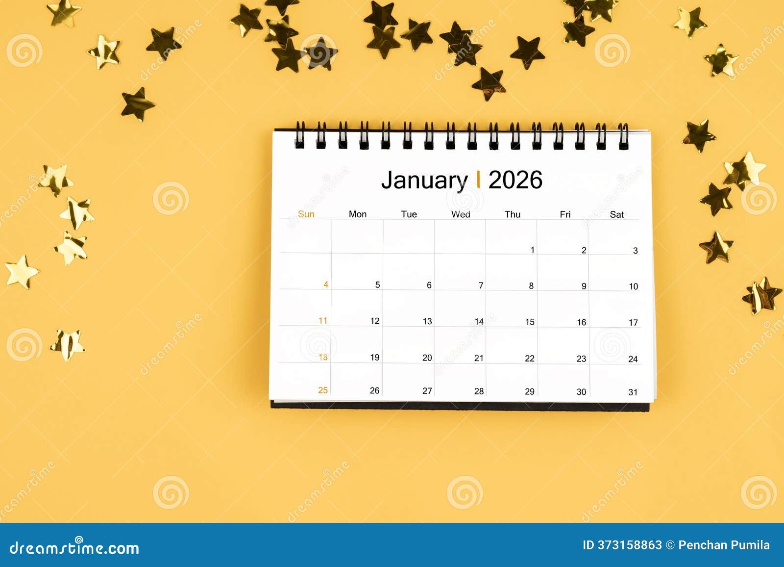 January 2026 Calendar And Scattered Sparkling Yellow Confetti Stars On A Yellow Stock Illustration Illustration Of Number Season 373158863