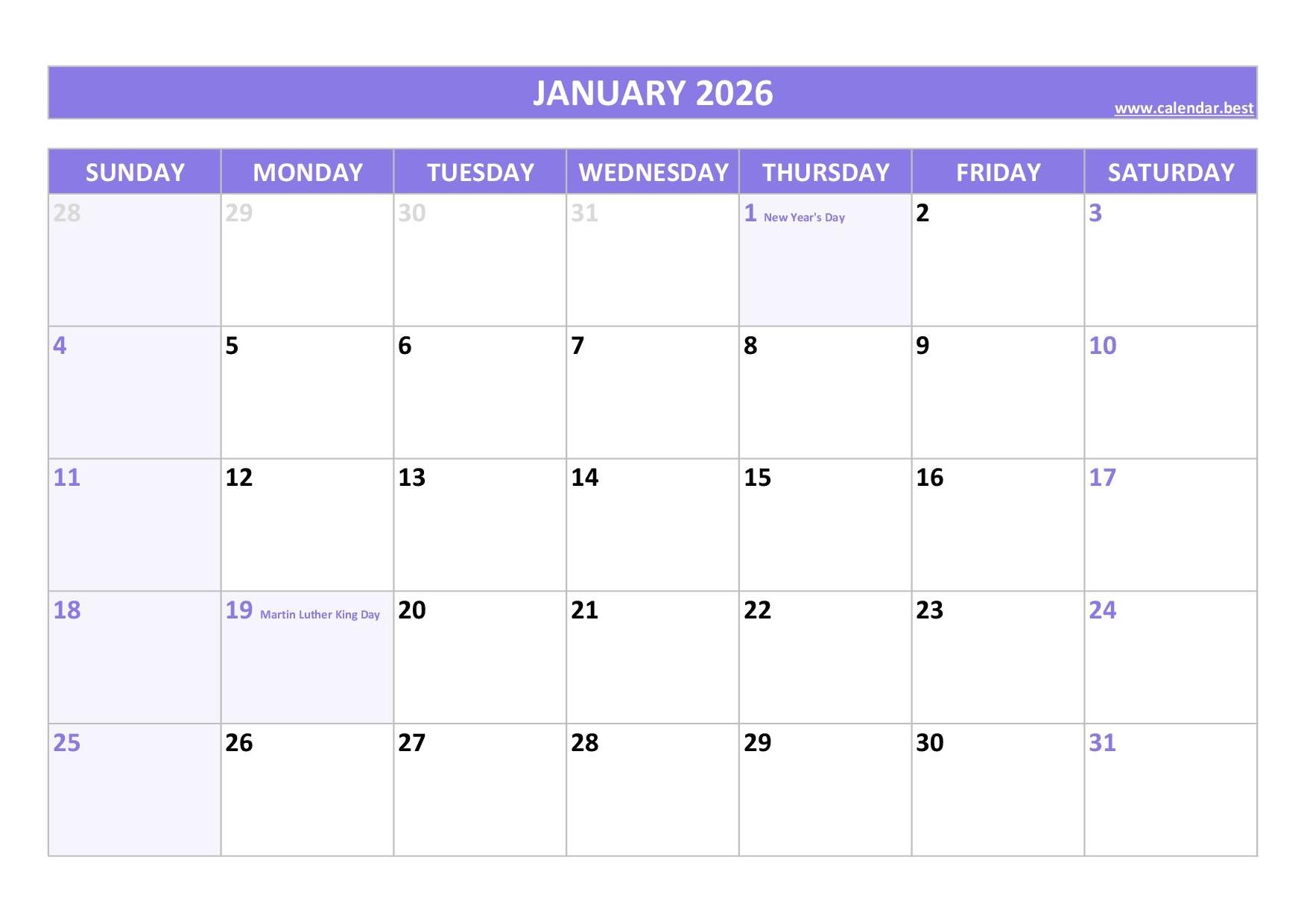 Calendar Of Events For January 2026