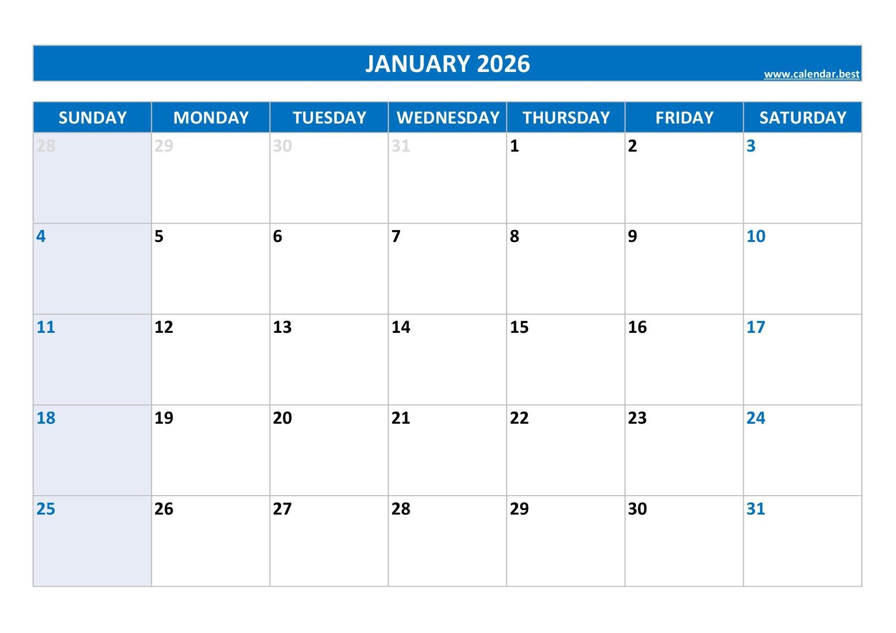 January 2026 Printable Calender