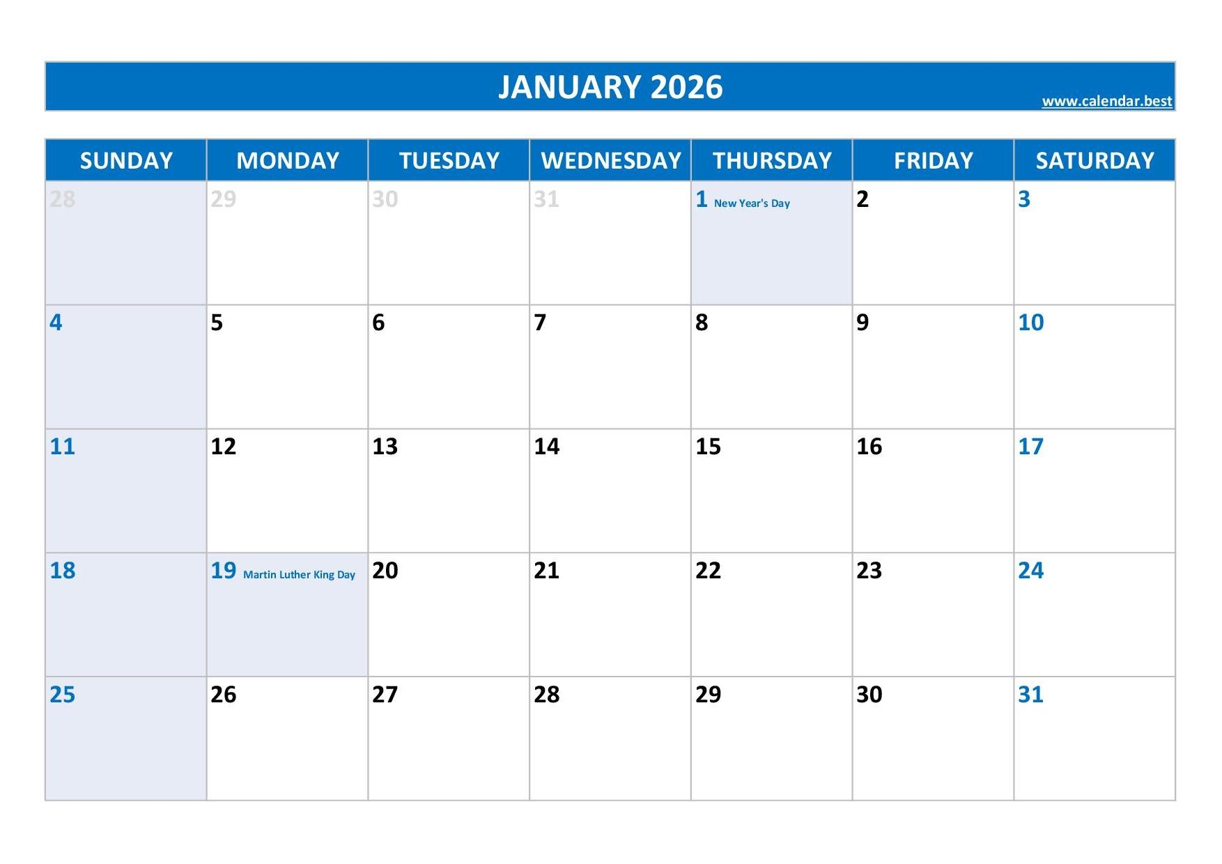 Word January 2026 Calendar