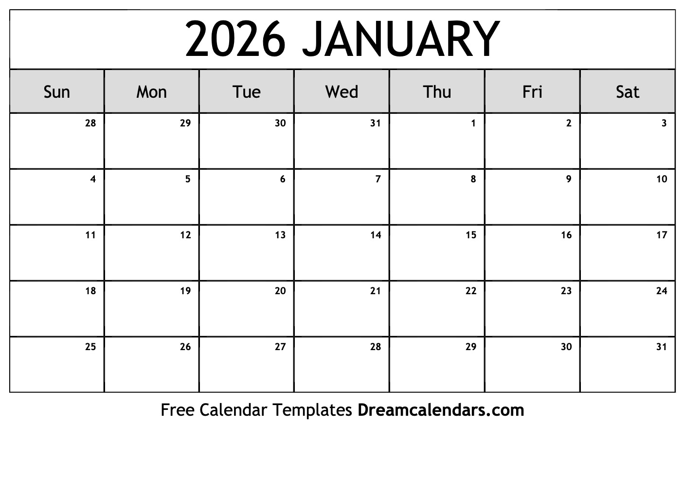 January 2026 Calendar For Kids