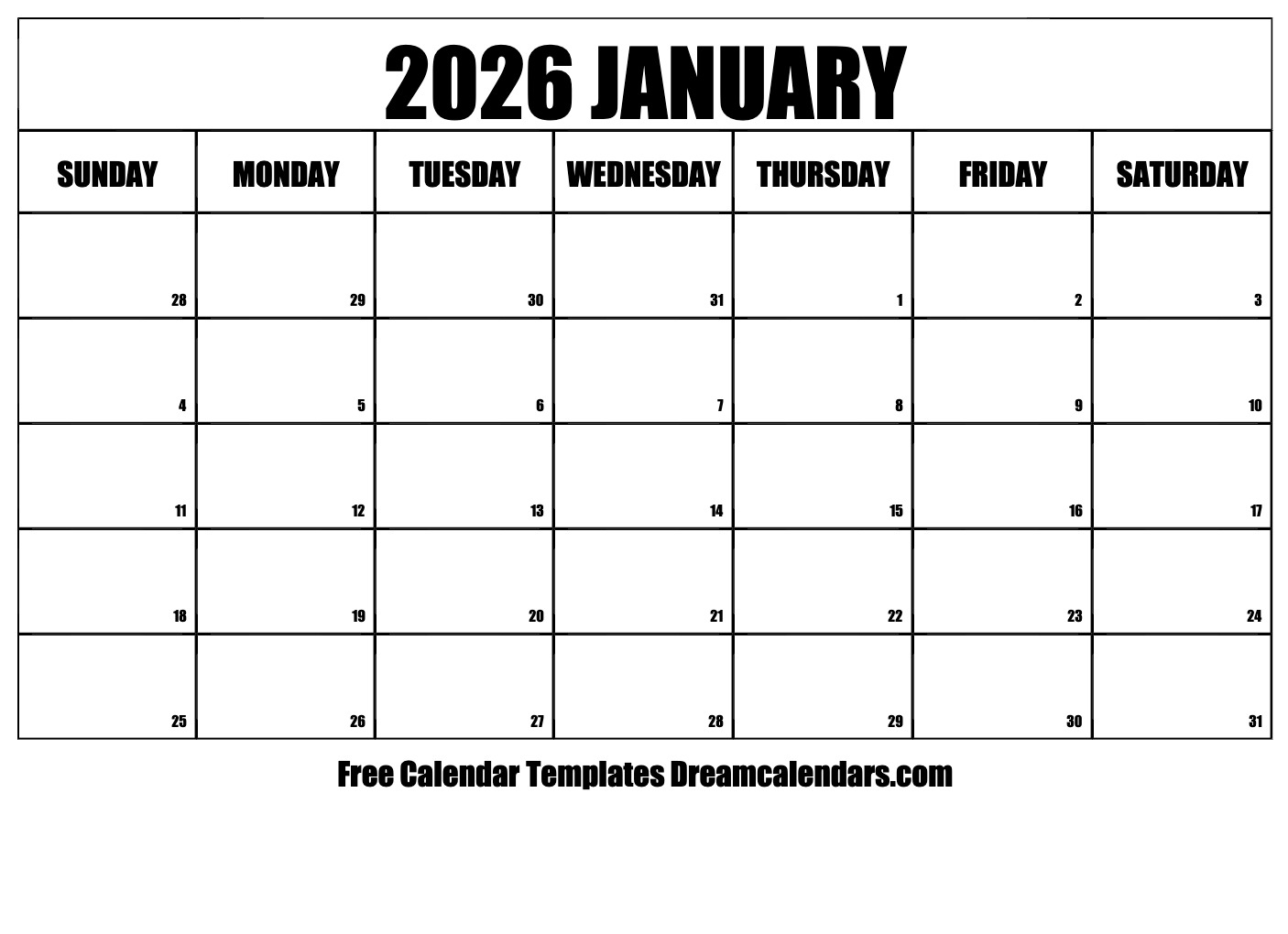 January 2026 Work Week Calendar