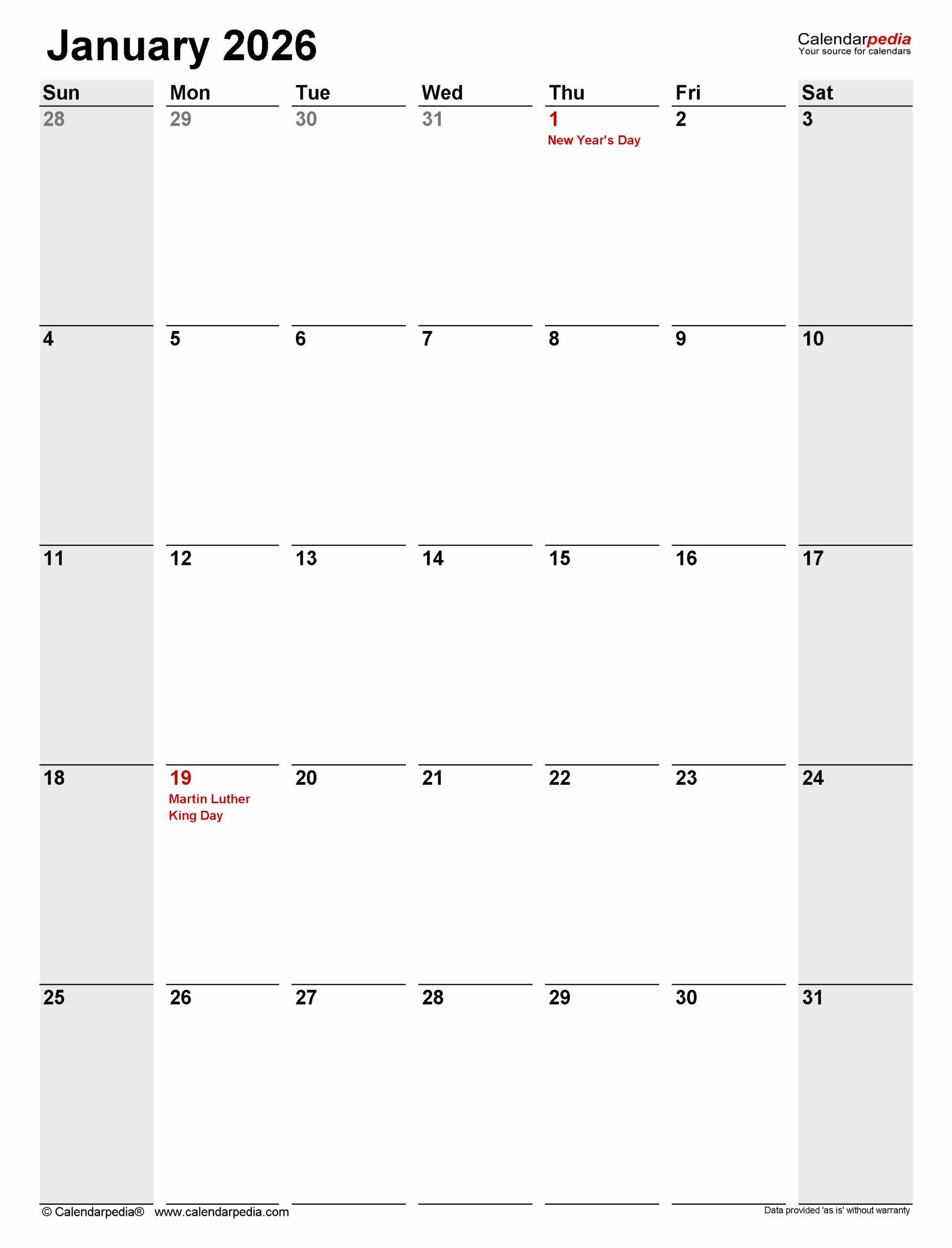 January 2026 Calendar Editable Word