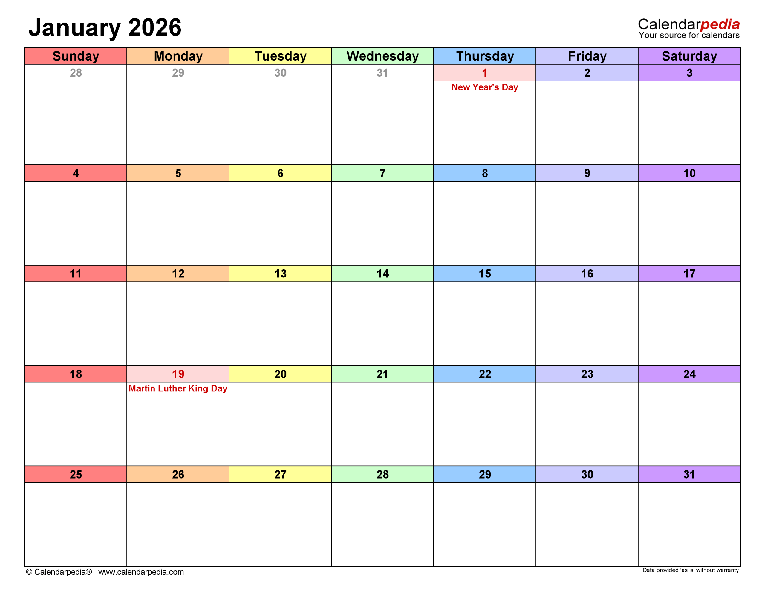 Editable Calendar For January 2026