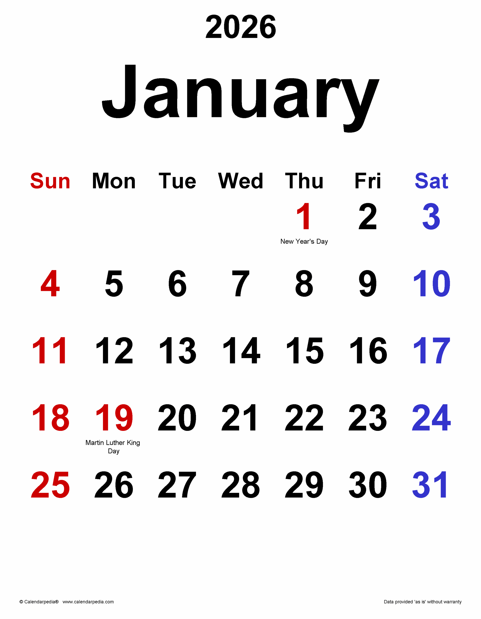 January Calendar Dates 2026