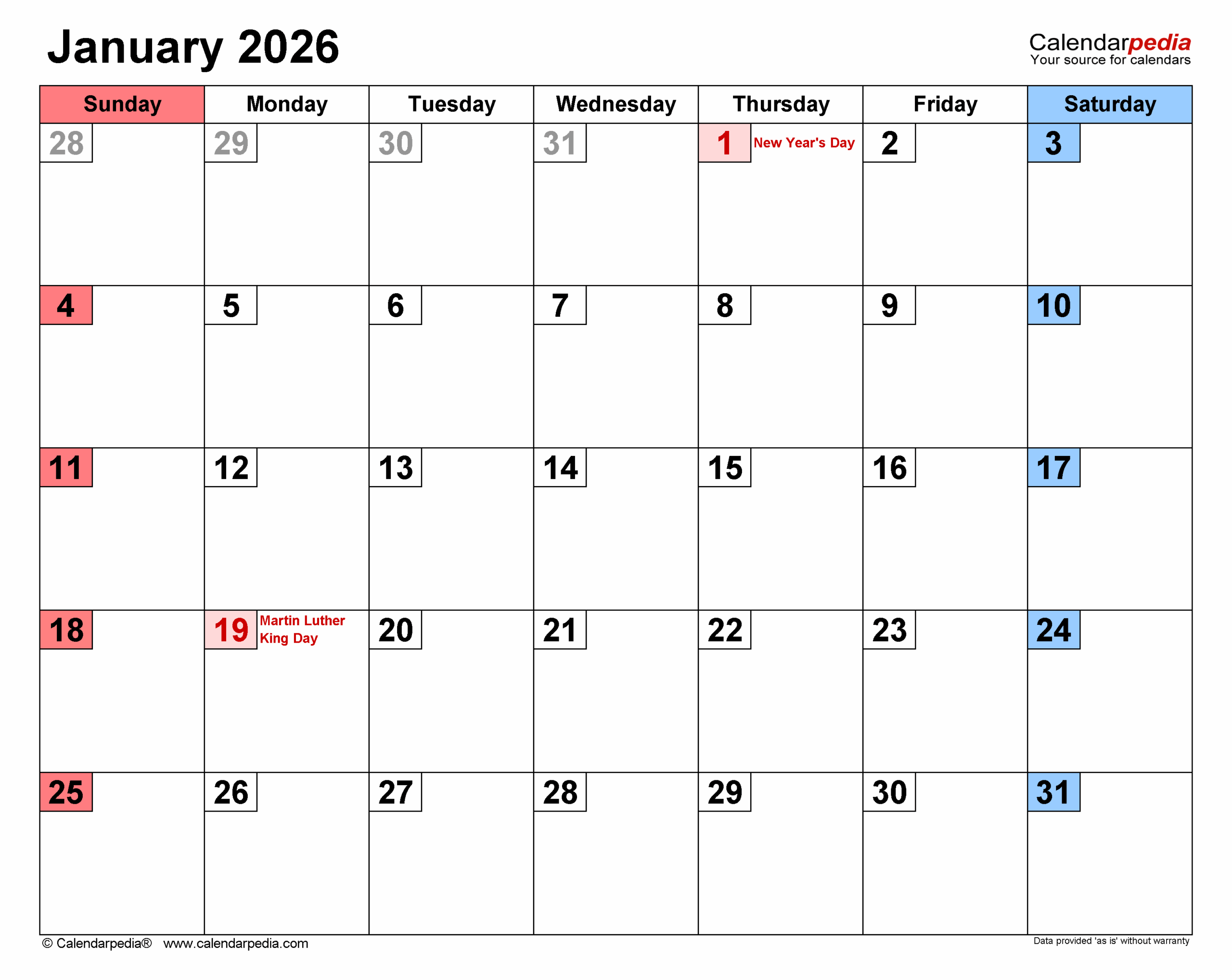 January 2026 Calendar Templates For PDF Excel And Word