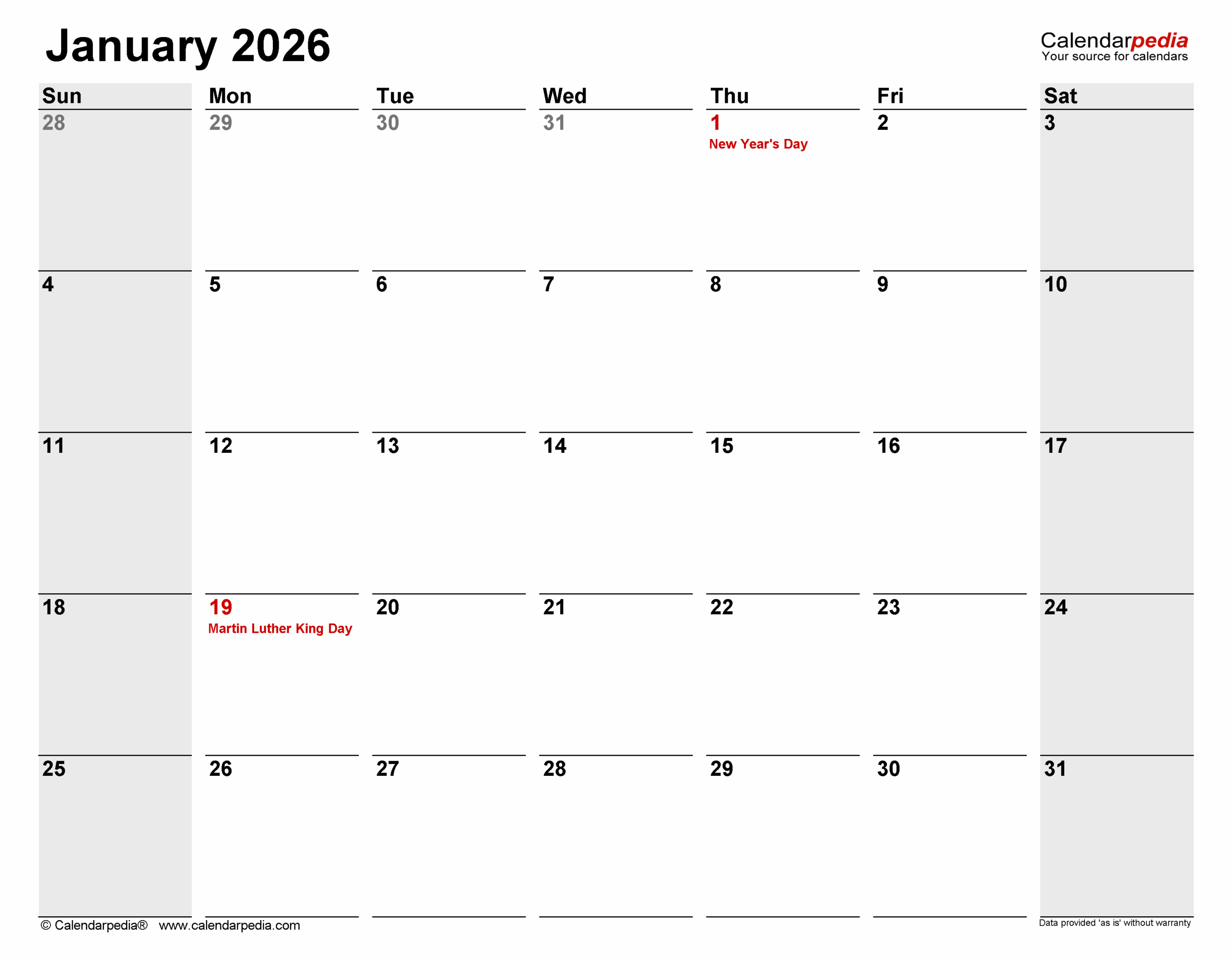 January 2026 Calendar Templates For PDF Excel And Word