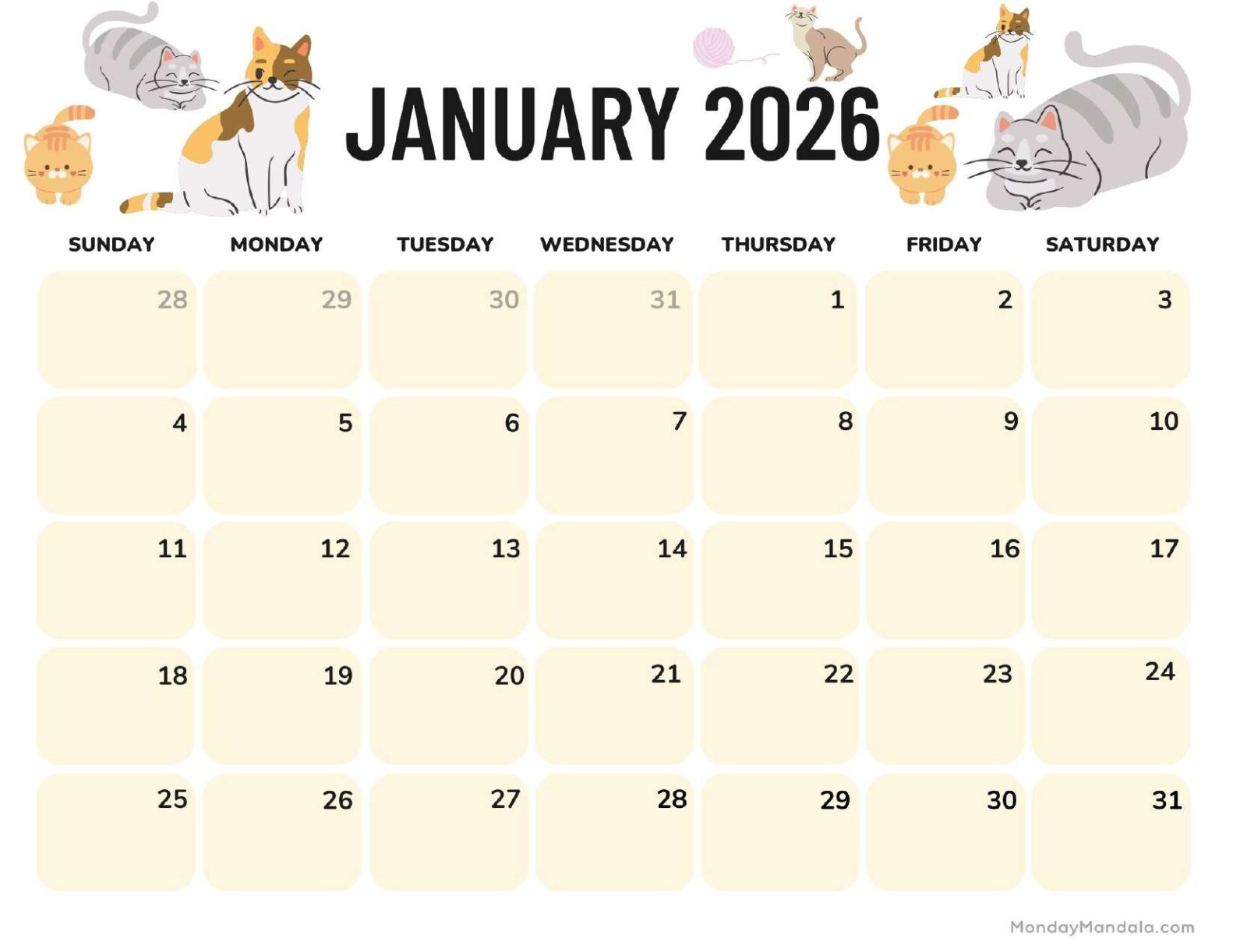 Hello Kitty January 2026 Calendar Printable
