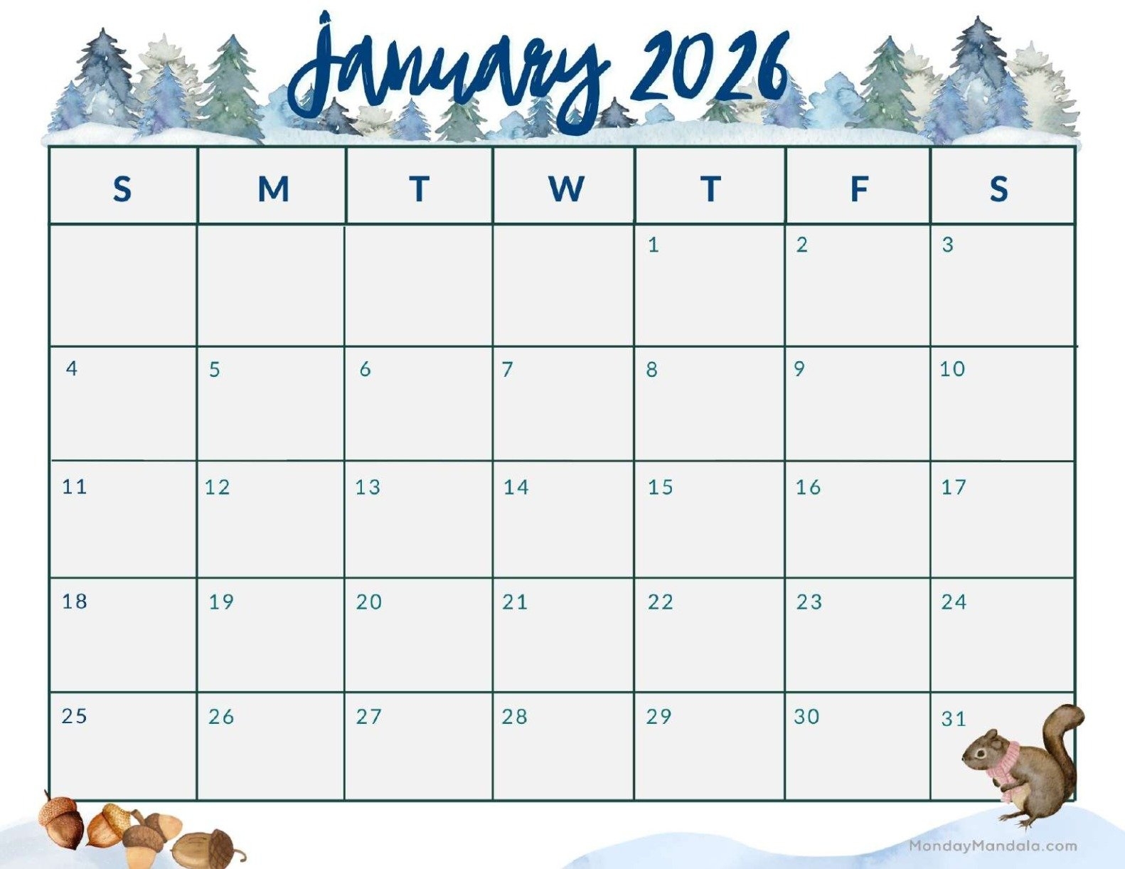 January 2026 Calendar Worksheet