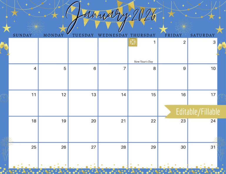 January 2026 Digital Calendar Blue New Year Planner Editable 
