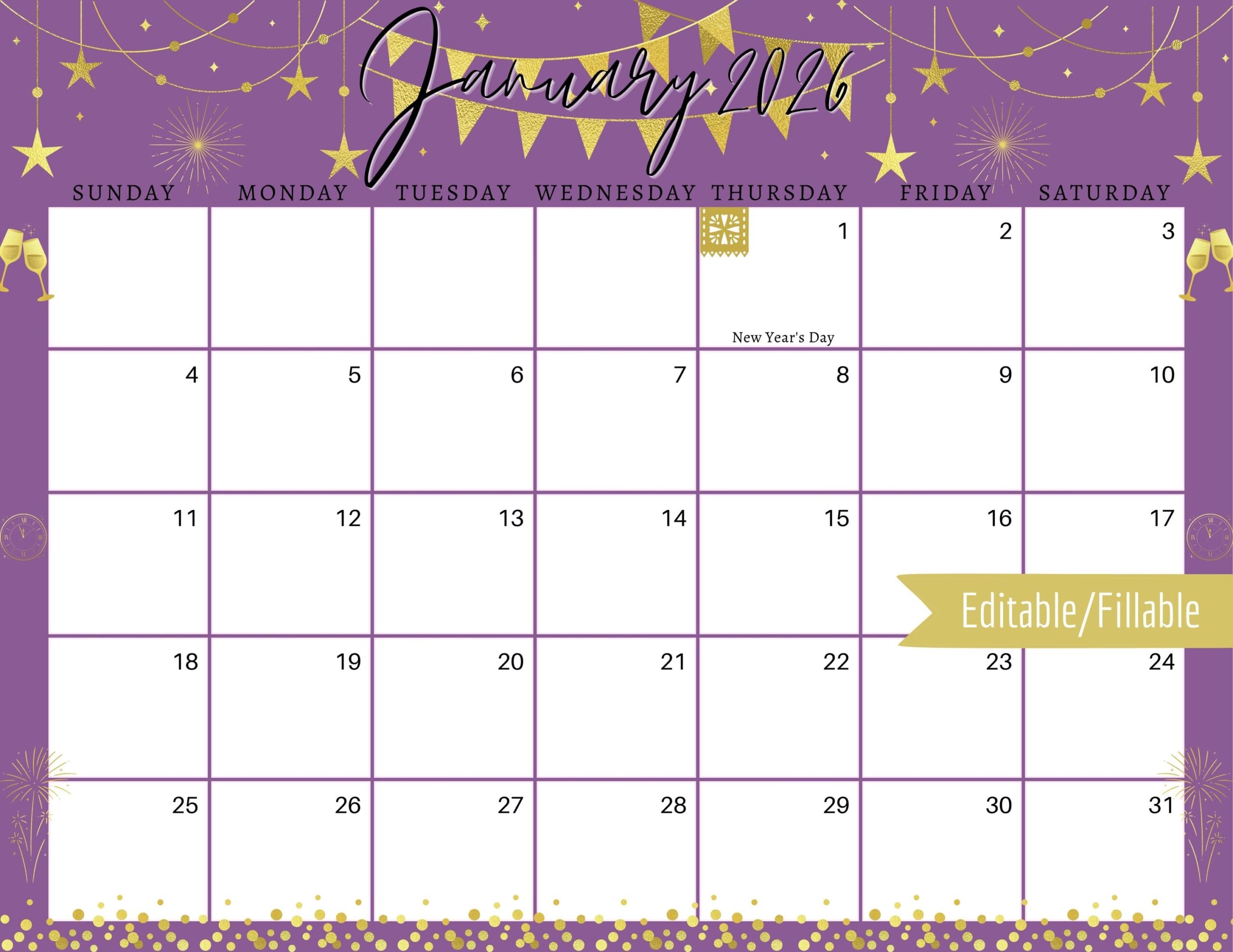January 2026 Digital Calendar Purple New Year Planner Editable 