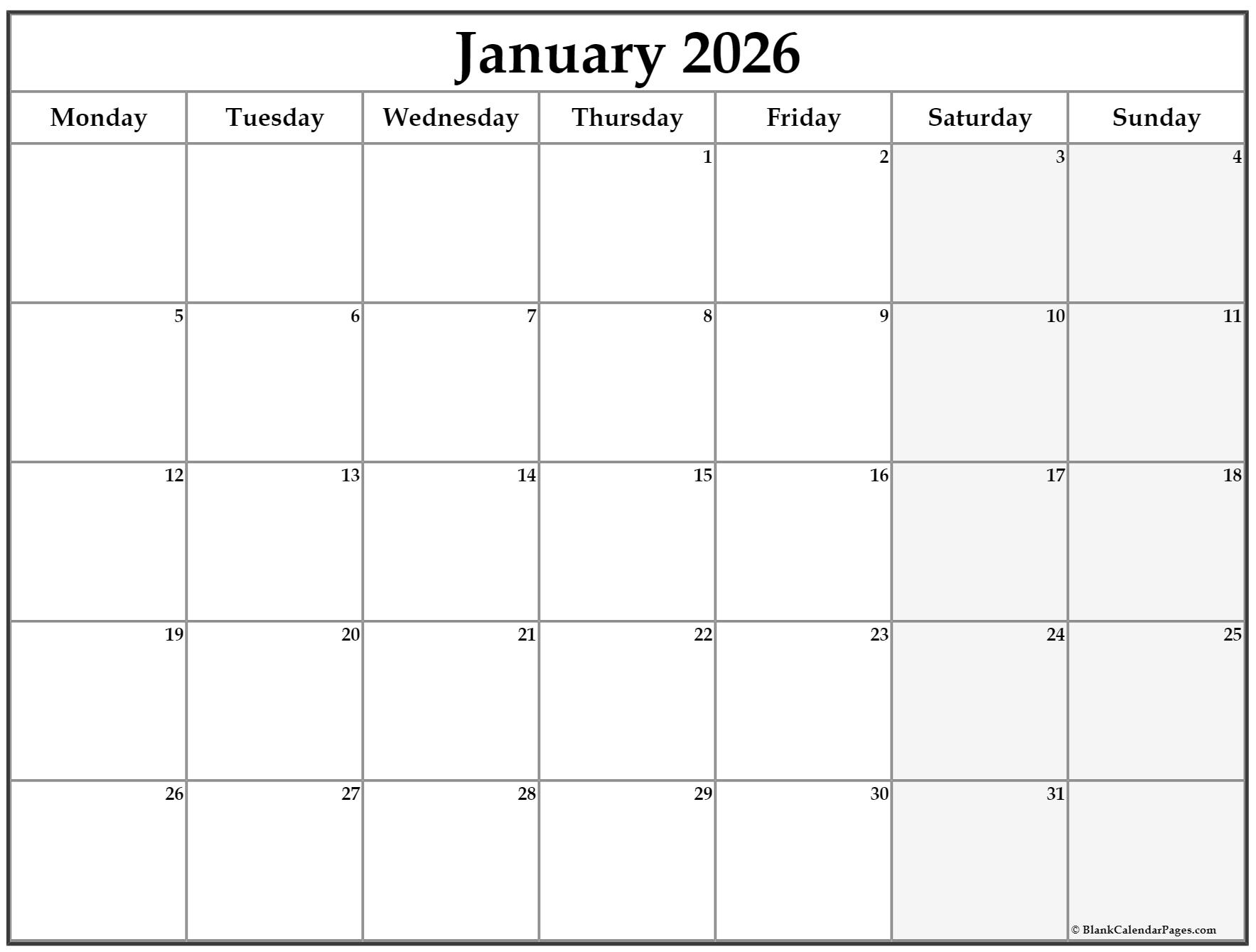 January 2026 Calendar 2026