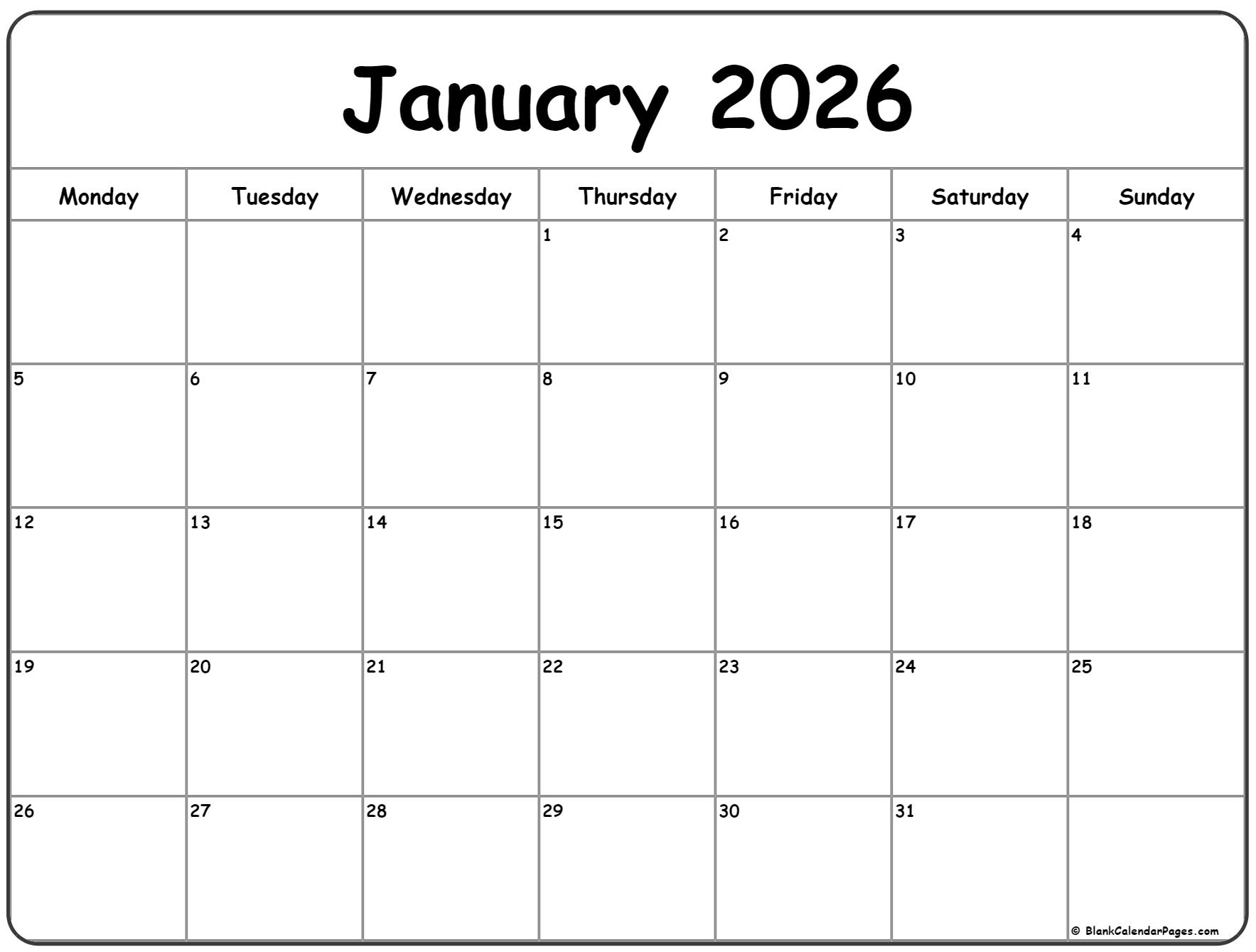 January 2026 Monday Calendar Monday To Sunday