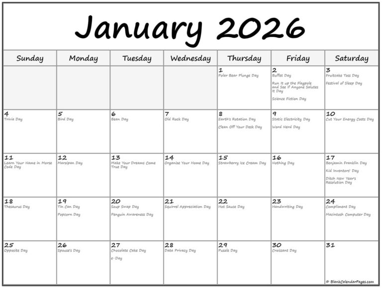 January 2026 With Holidays Calendar