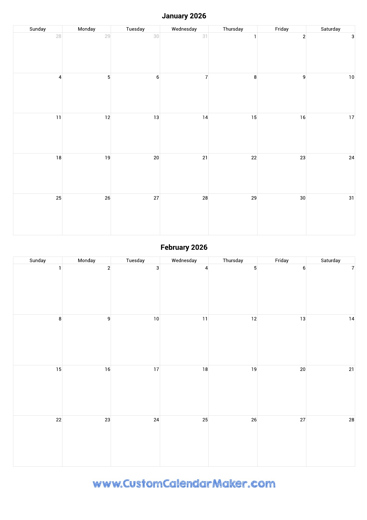 January And February 2026 Calendar Custom Calendar Maker