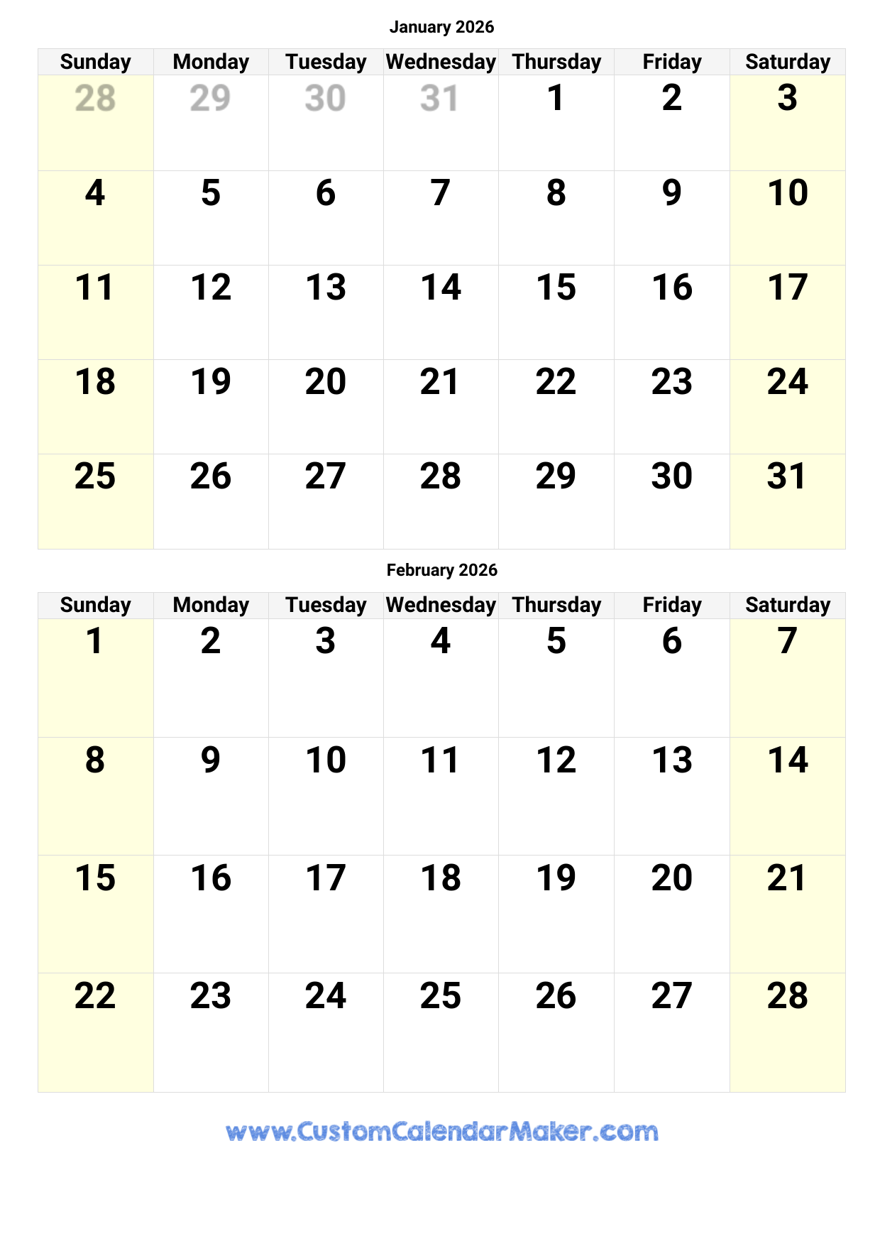 January 2026 Calendar Large Numbers