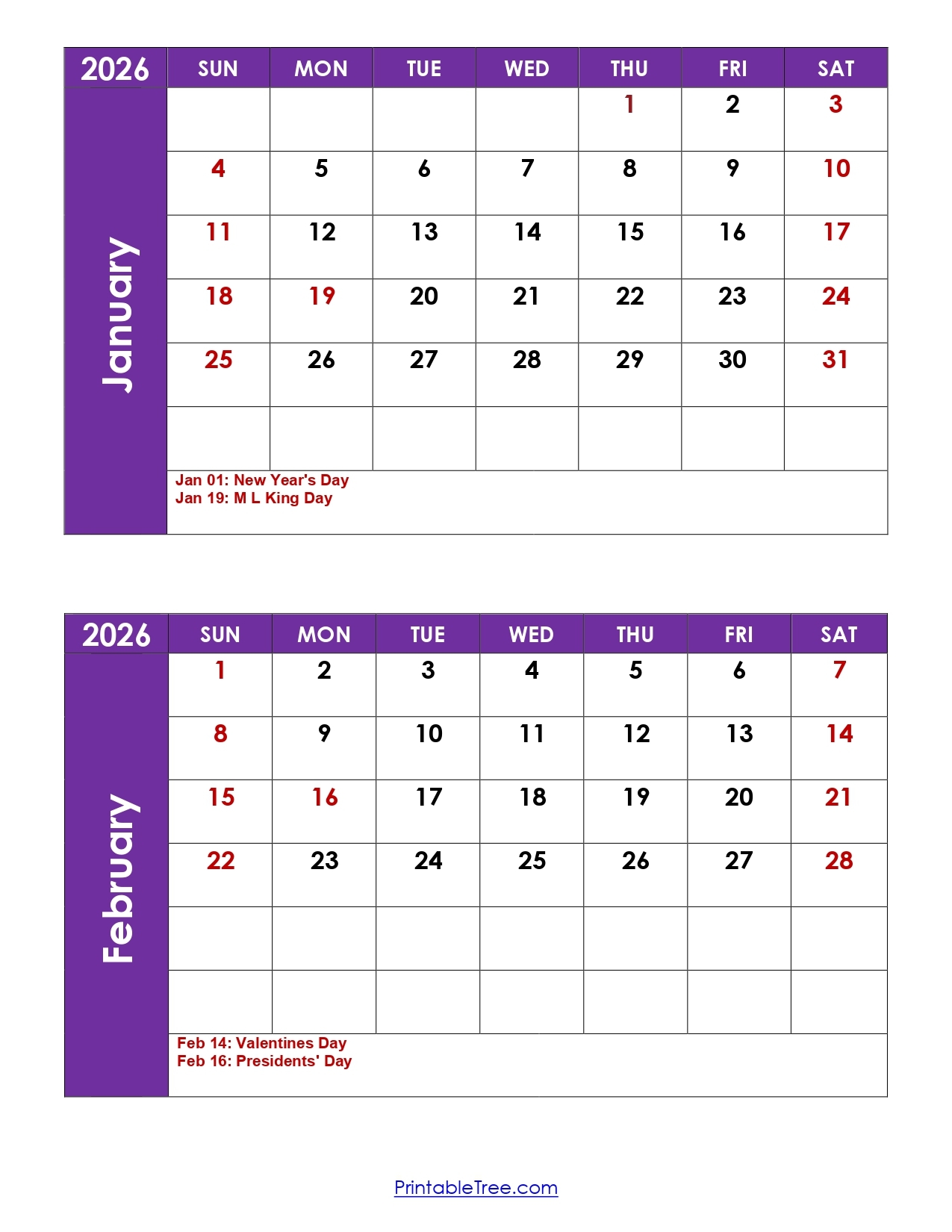January 2026 With Holidays Calendar