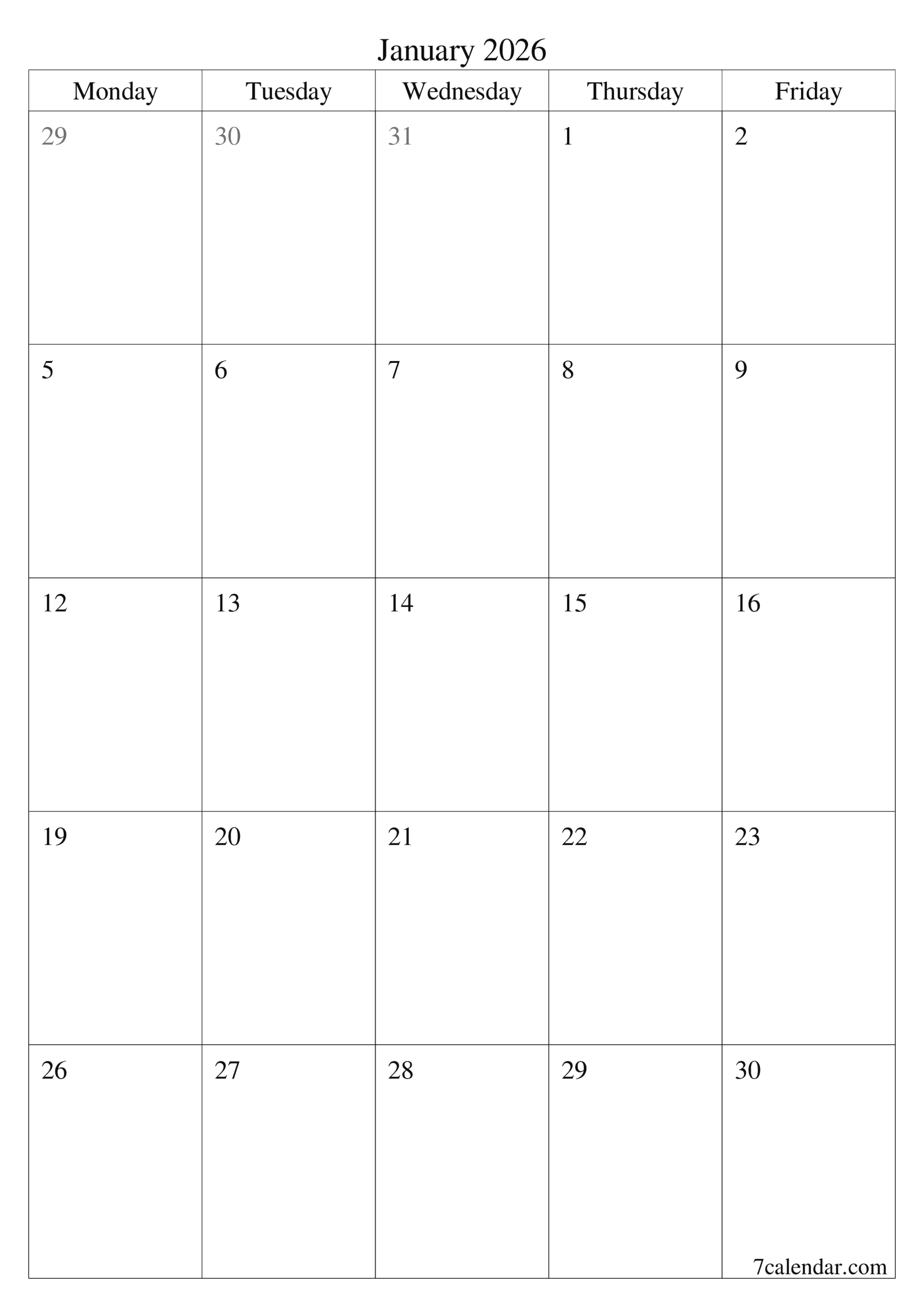 January Calendar 2026 Printable Template 7calendar