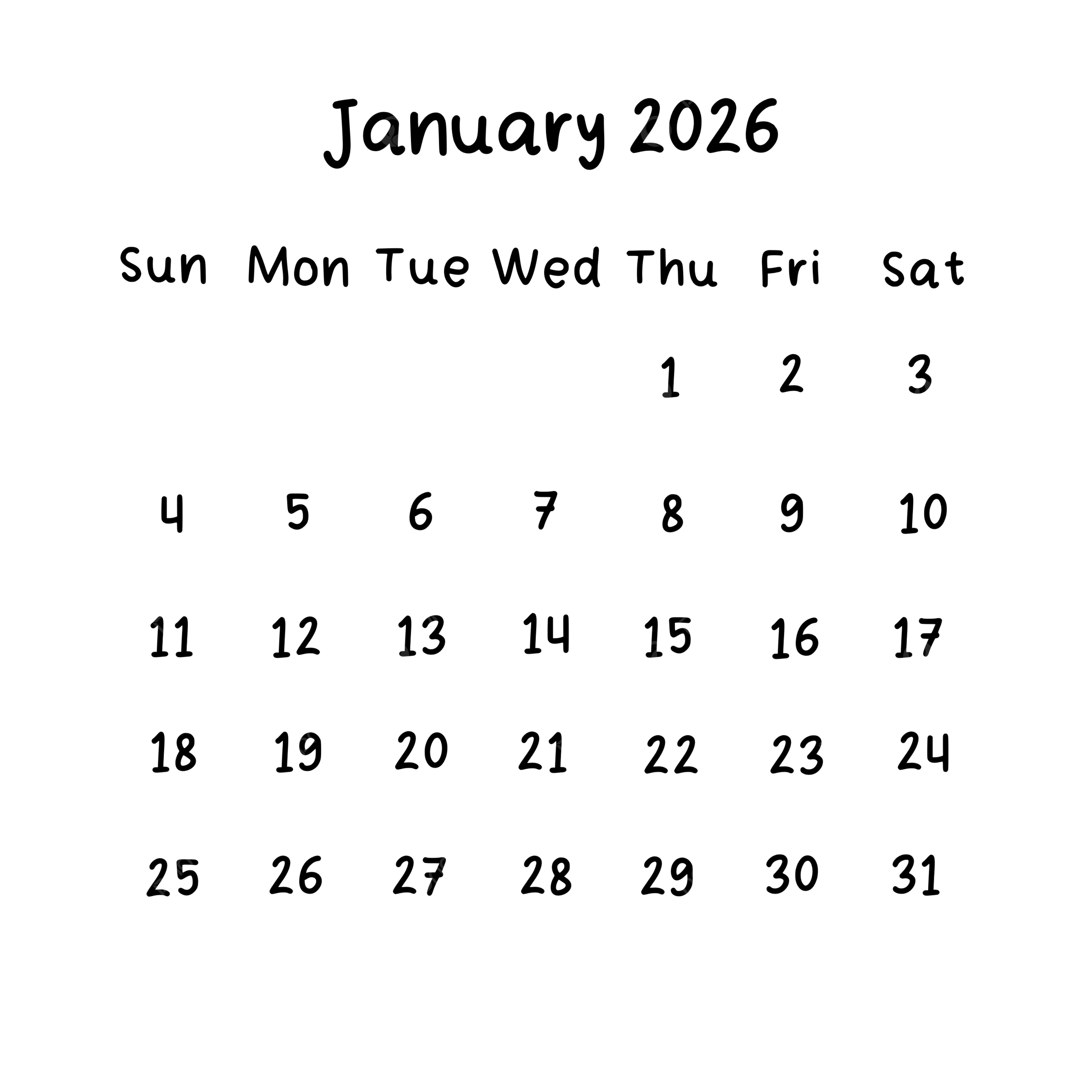 January Monthly Calendar 2026 In Black Color January Calendar 